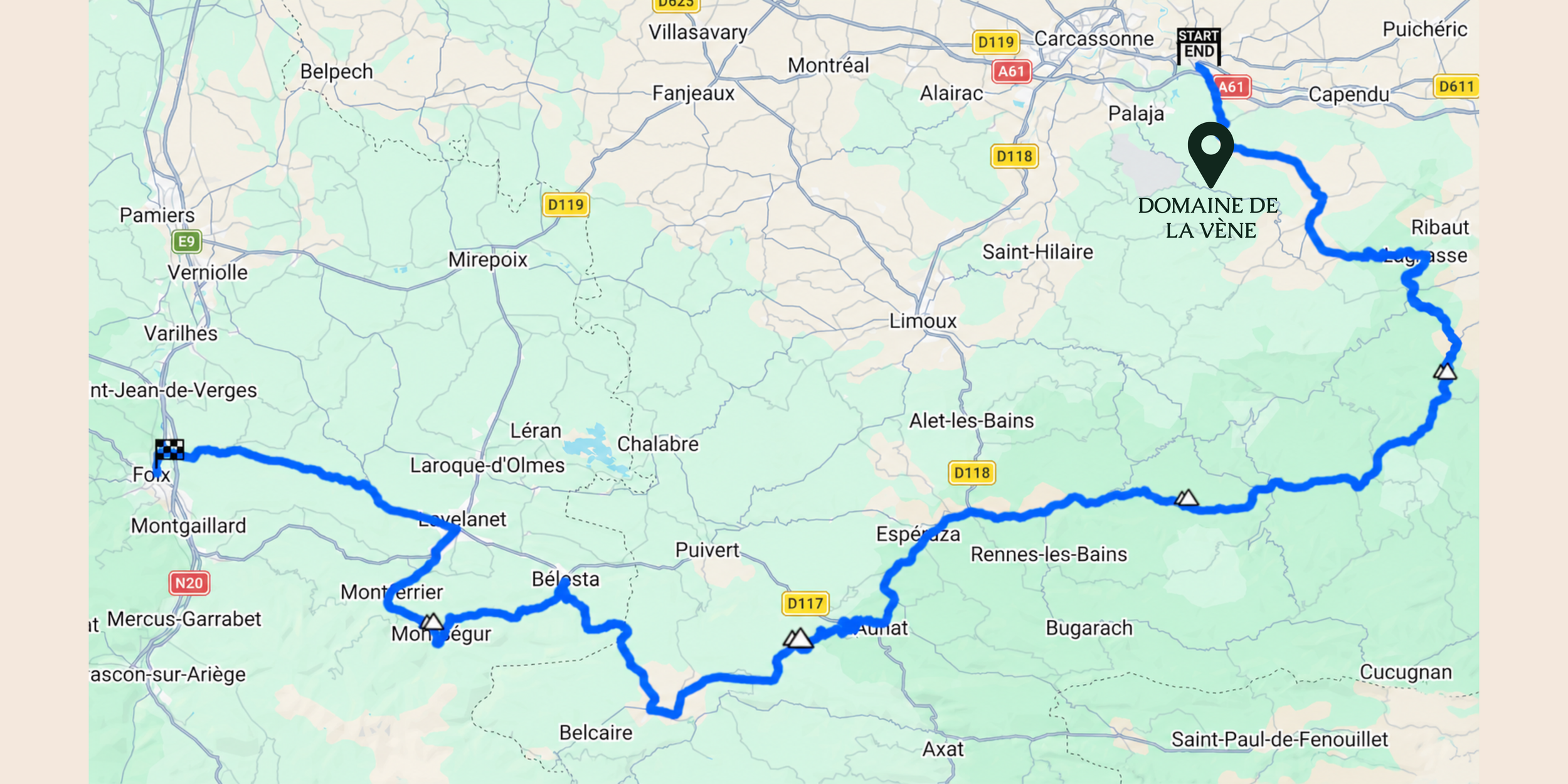 Carte présentant le parcours de la 4e étape du Tour de France 2026, de Carcassonne à Foix, avec le Domaine de la Vène indiqué près du départ à Palaja