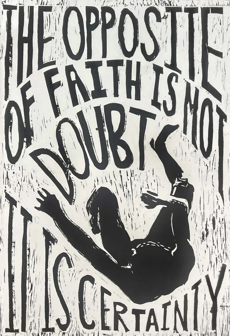 faith and doubt / linocut print / 18 x 12 in.