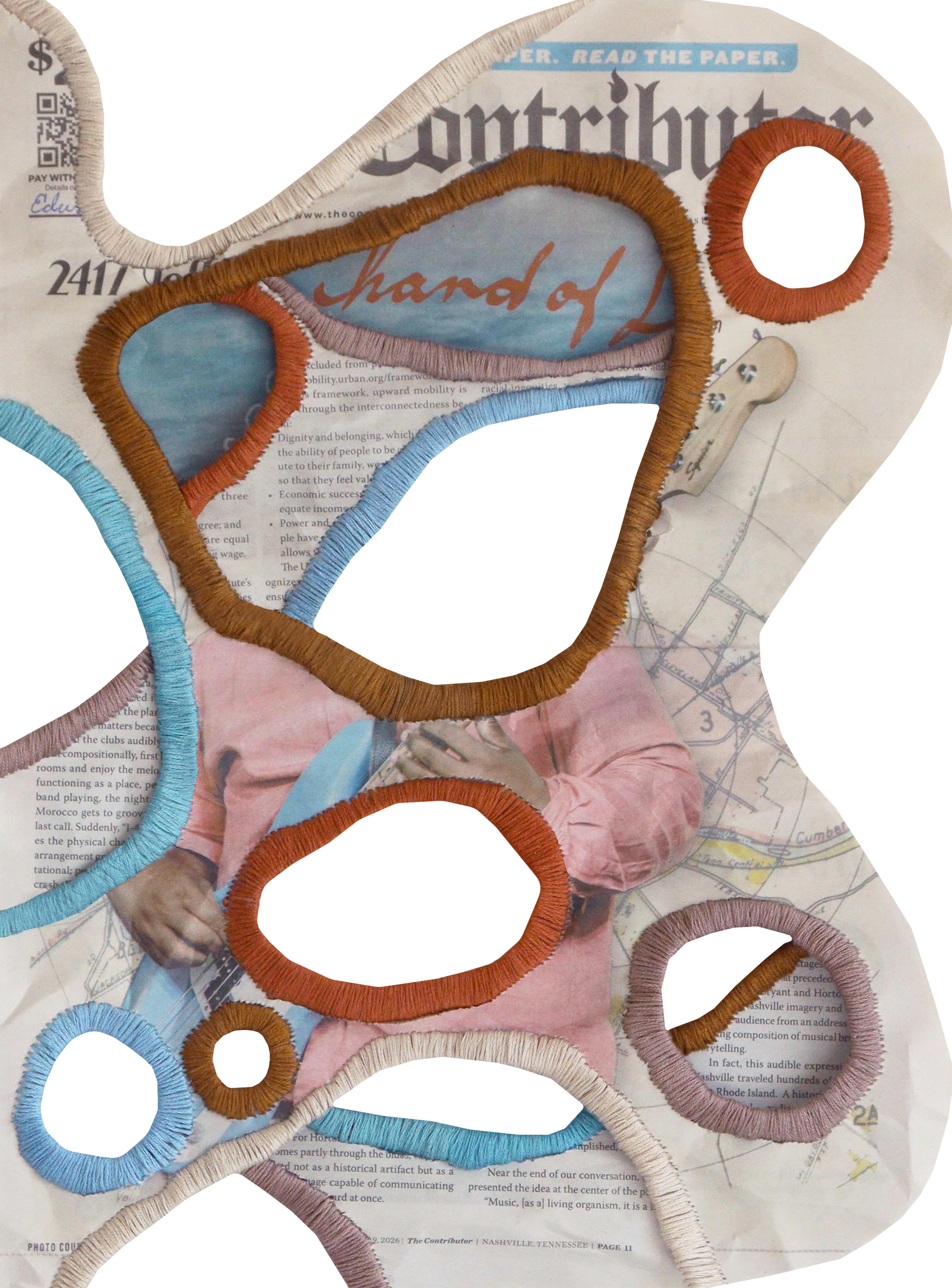 news gaps II / stitching on newspaper / 16 x 12 in.