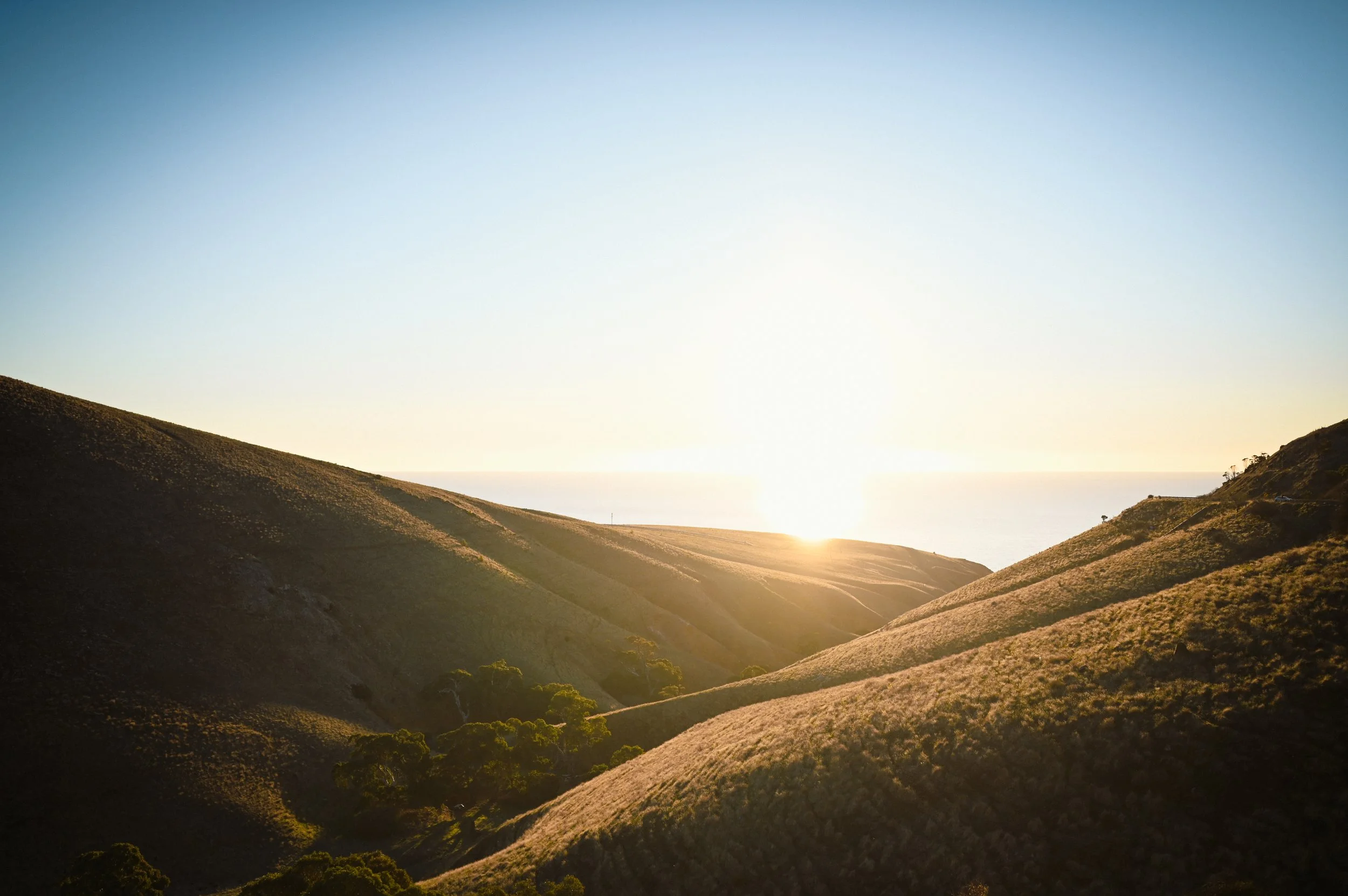 Sunset over rolling green hills with sparse trees
