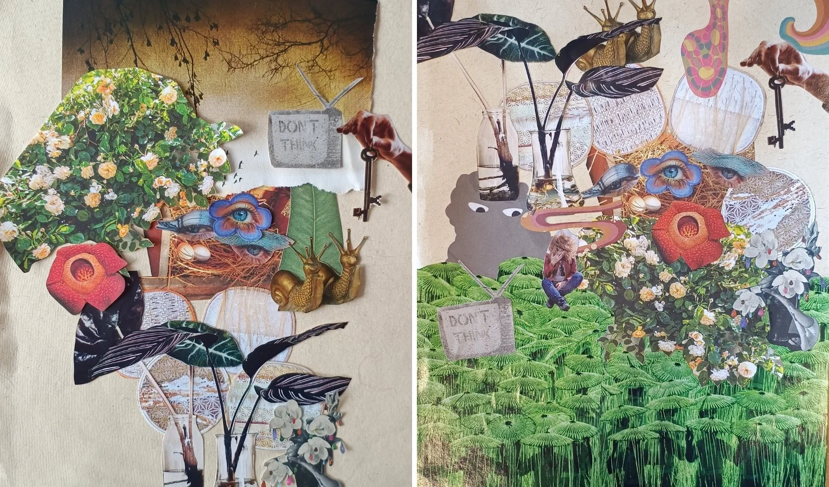 A side by side images of two versions of a detailed collage to demonstrate how much composition and also meaning can change in the emergent collage process.