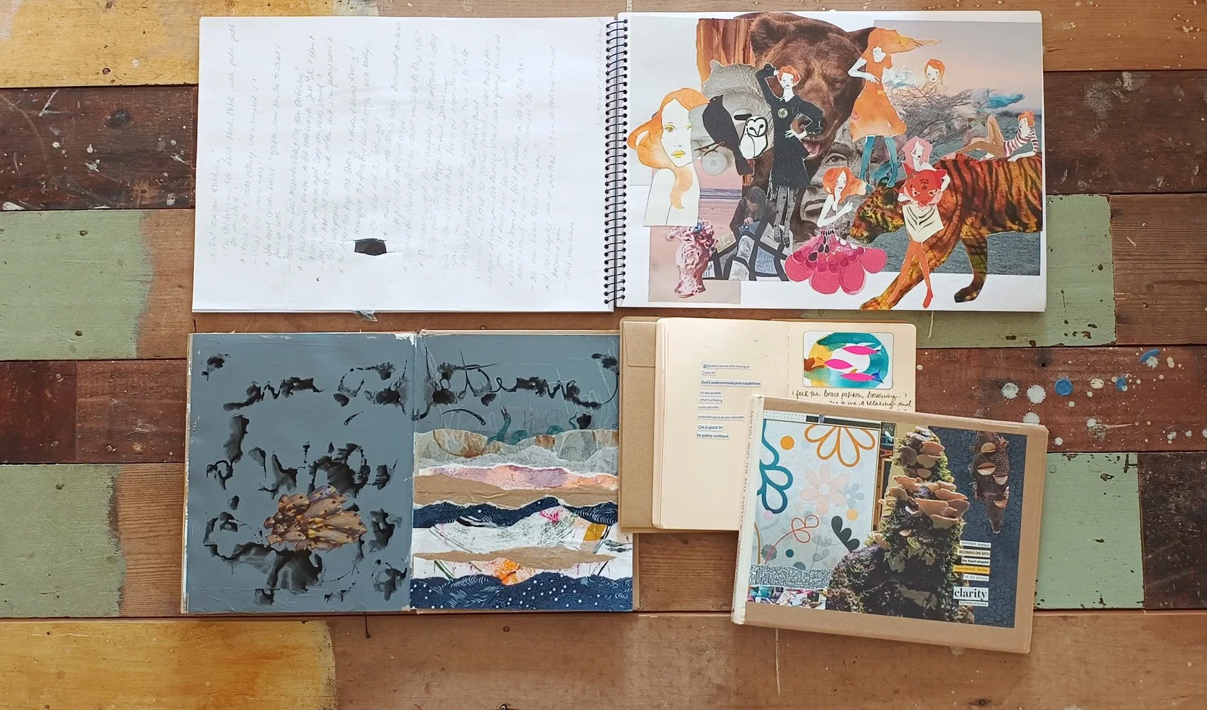 4 altered books and sketchbooks showing the use of different art modalities