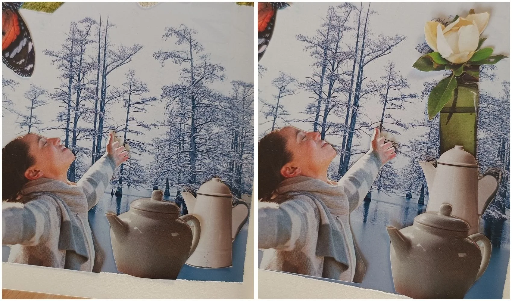 2 versions of the same collage side by side to demonstrate how changing certain image elements in the composition can create a different feel