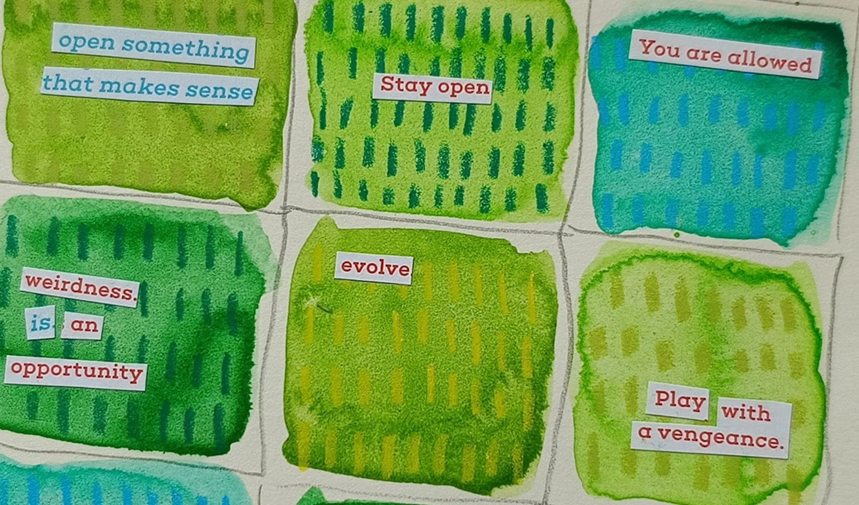 uneven squares in a grid, painted with water colours in different shades of green and some magazine words glued into each square