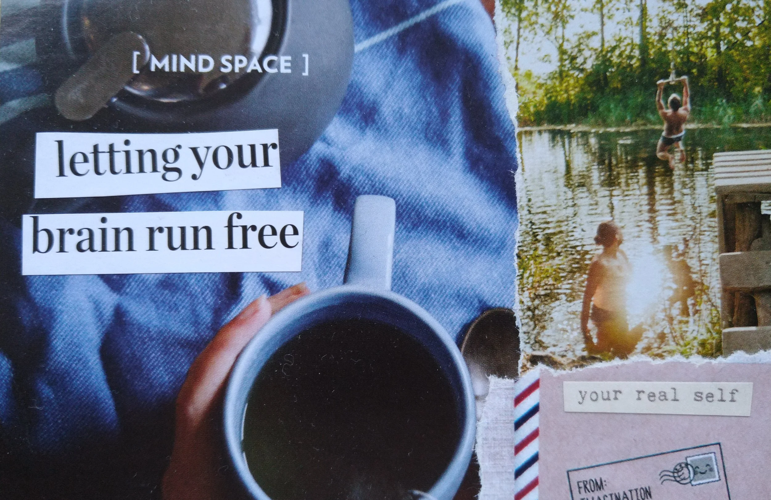 a collage showing a hand holding a cup of tea and the words mind space - letting your brain run free