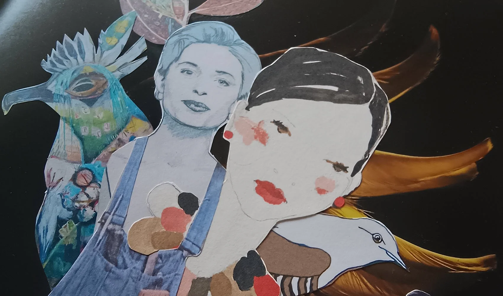 A collage with an imagined figure made of two female heads and two bird heads