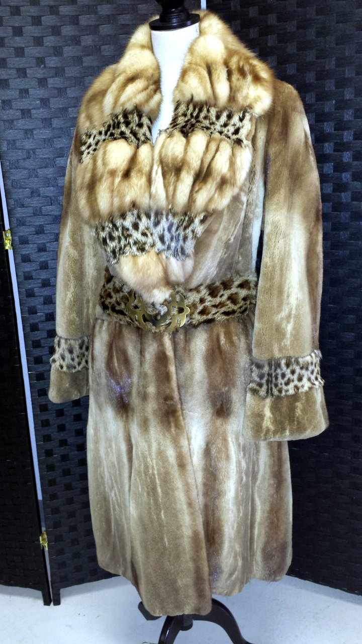 Sheared golden mink coat, trimmed with sable and lipi