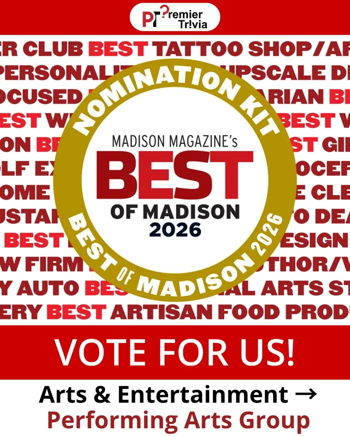 It&rsquo;s that time of the year!! Vote for us for the Best of Madison. Under &ldquo;Arts &amp; Entertainment&rdquo; you can vote for us in the &ldquo;Performing Arts Group&rdquo; and &ldquo;Place for Family Fun&rdquo; categories. Voting is now until