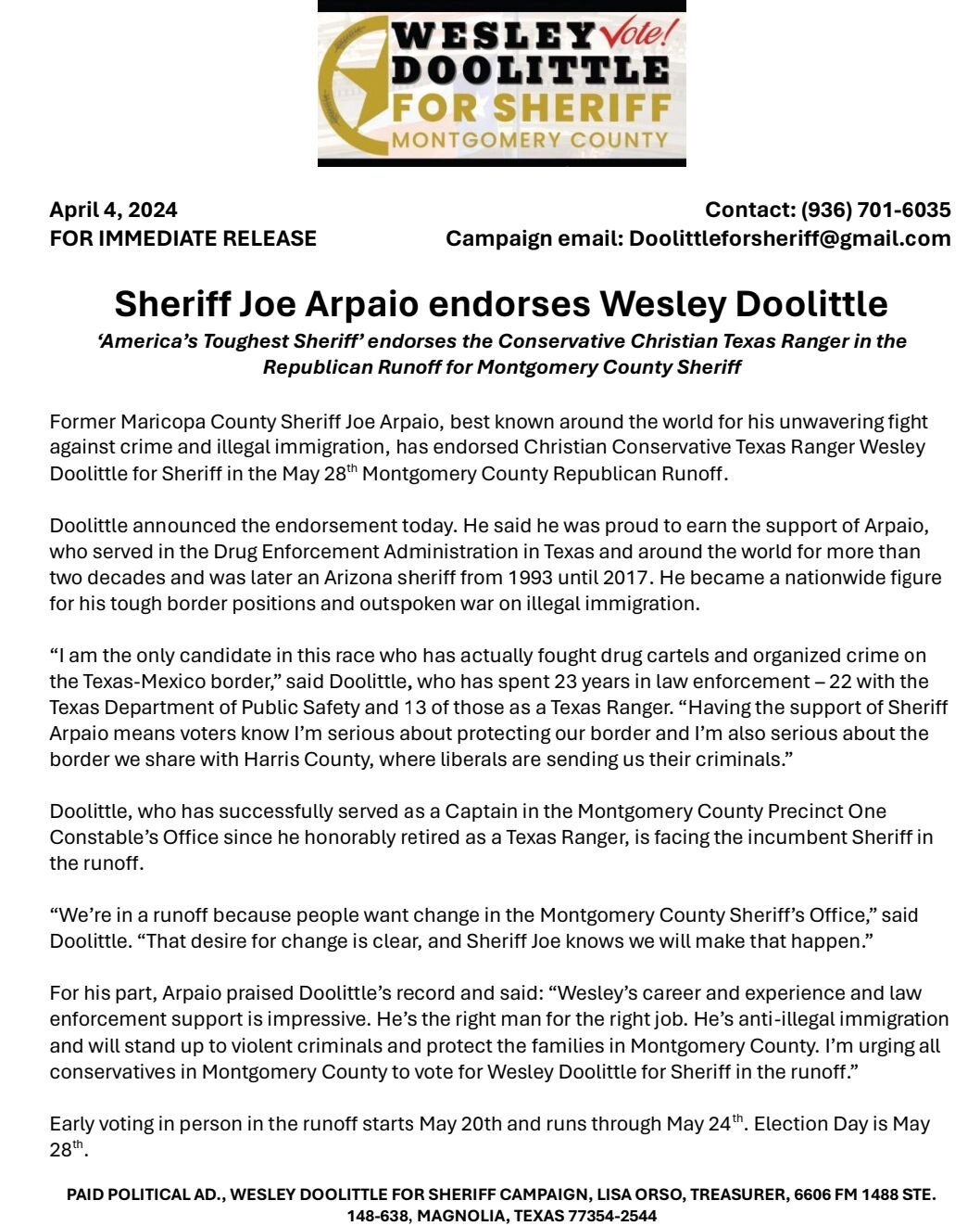 I am proud to be endorsed by America's toughest Sheriff, Sheriff Joe Arpaio @realsheriffjoearpaio. I am the most experienced candidate in this race who will be the toughest on crime and protect every inch of Montgomery County.

Sheriff Joe Arpaio End