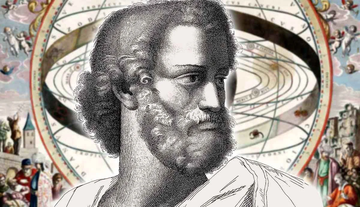 Aristotle with his model of the heavens in the background.