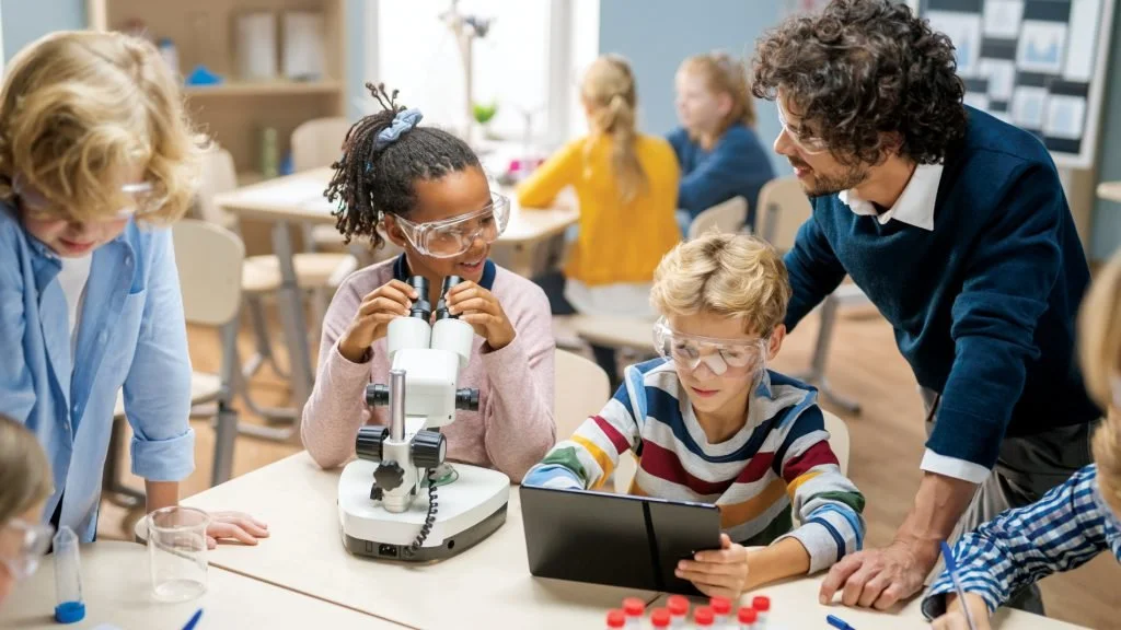 group of students working with a microscope as teacher watches