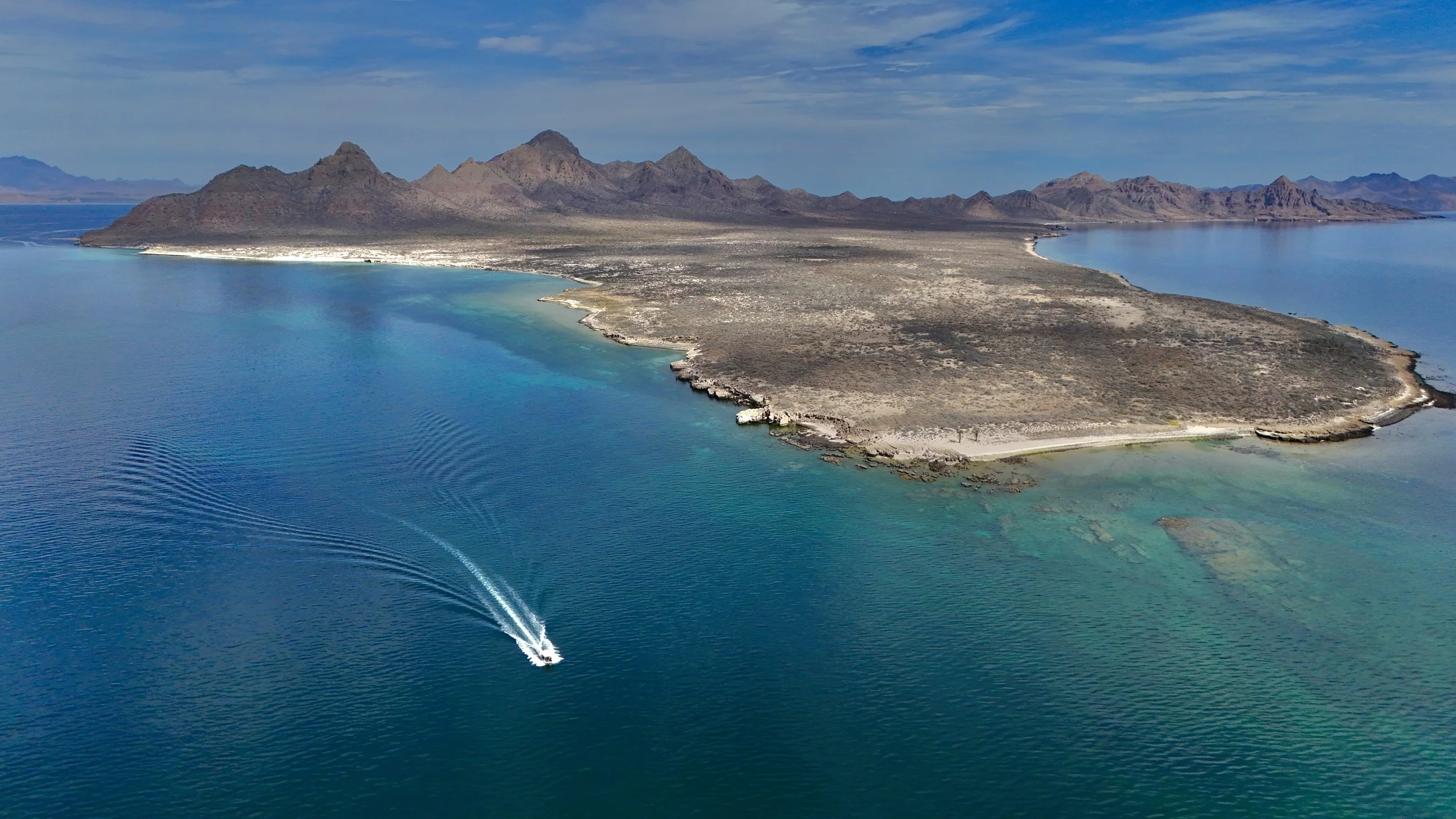 Aerial view during a marine adventure at Baja Adventures in the stunning waters off Loreto, Baja California Sur.