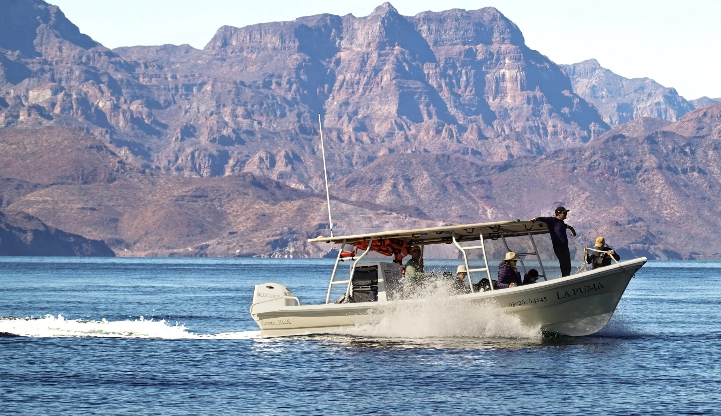 Baja Adventures team searching whales during a whale watching adventure in the waters off Loreto, Baja California Sur