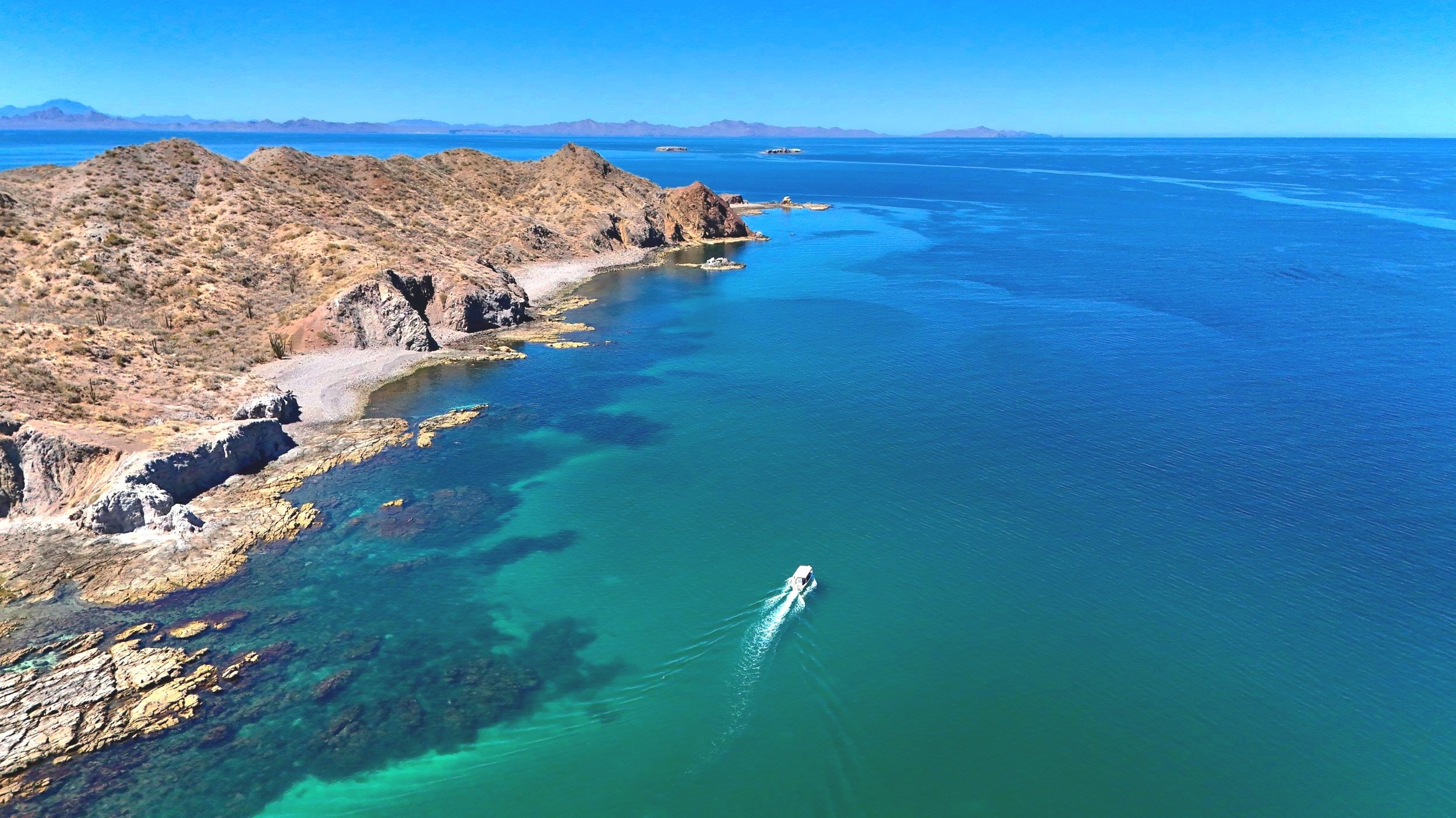 Aerial view Montserrat Island, during a marine adventure at Baja Adventures in the stunning waters off Loreto, Baja California Sur.