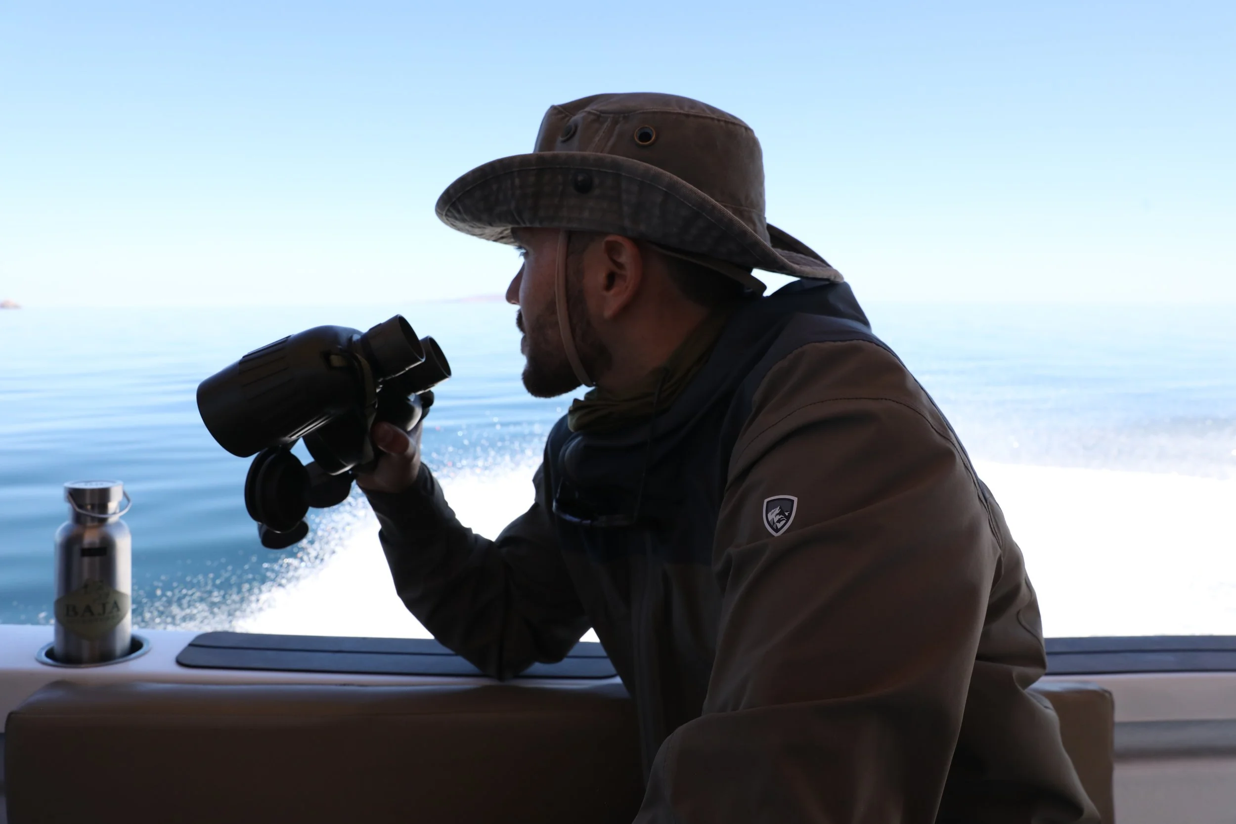 Los guías expertos en fauna de Baja Adventures dirigen una expedición de observación de fauna marina y ciencia ciudadana en el Parque Nacional de la Bahía de Loreto, en el Golfo de California, México.
