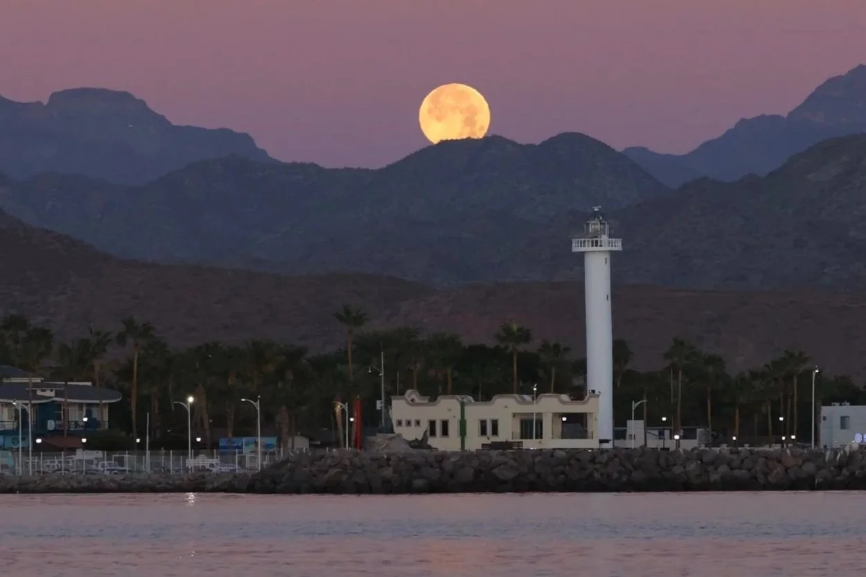 First light over Loreto, with the moon setting behind the Sierra de la Giganta—captured by our team during an early morning marine expedition.