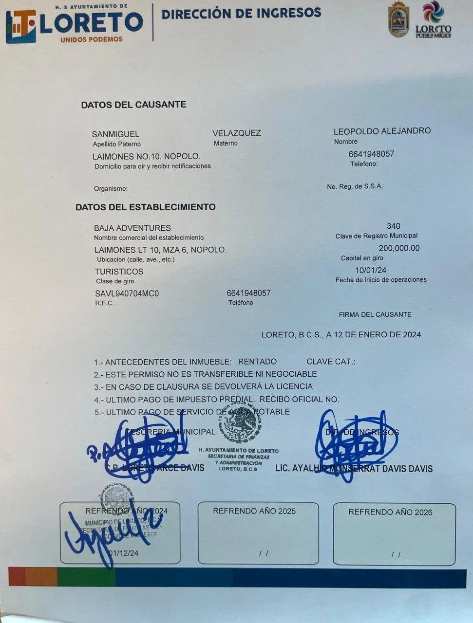 Official document from the local government of Loreto, Mexico, concerning property and tax information, dated January 12, 2024, with signatures and official stamps.