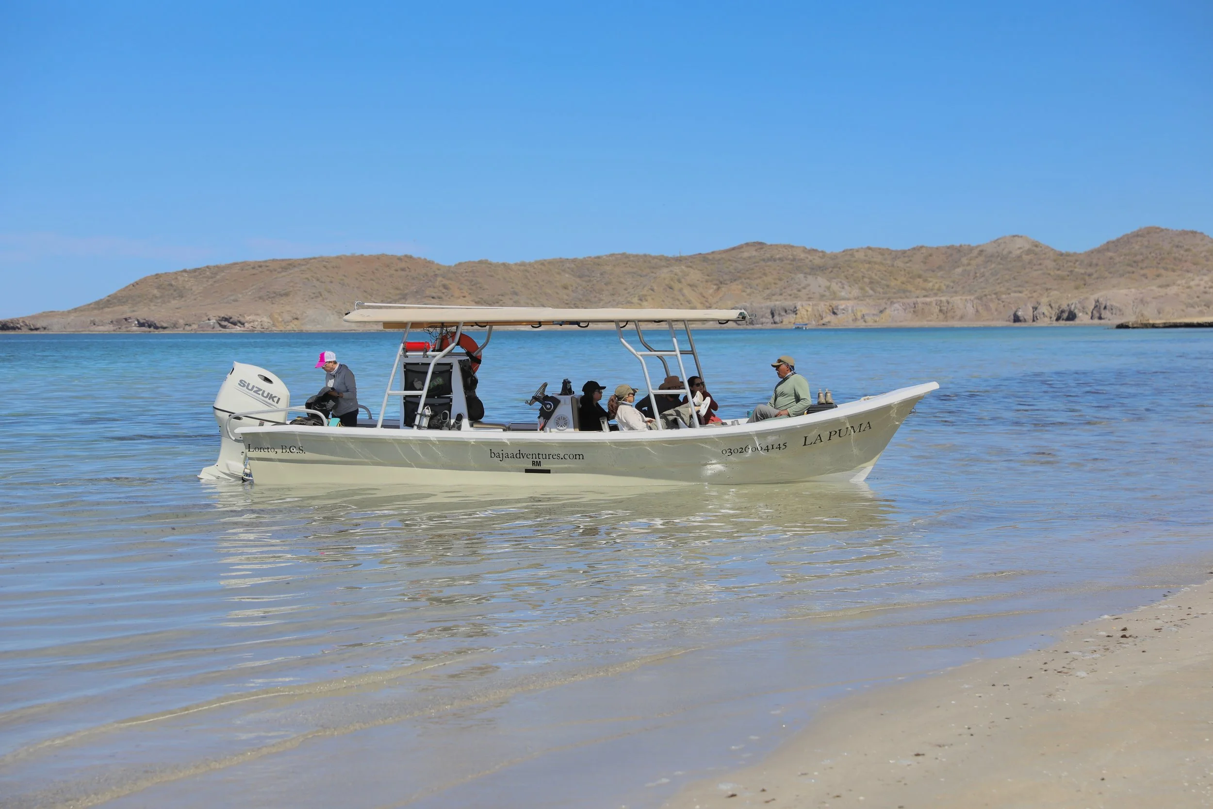 Baja Adventures boat on a island in the waters off Loreto, Baja California Sur.