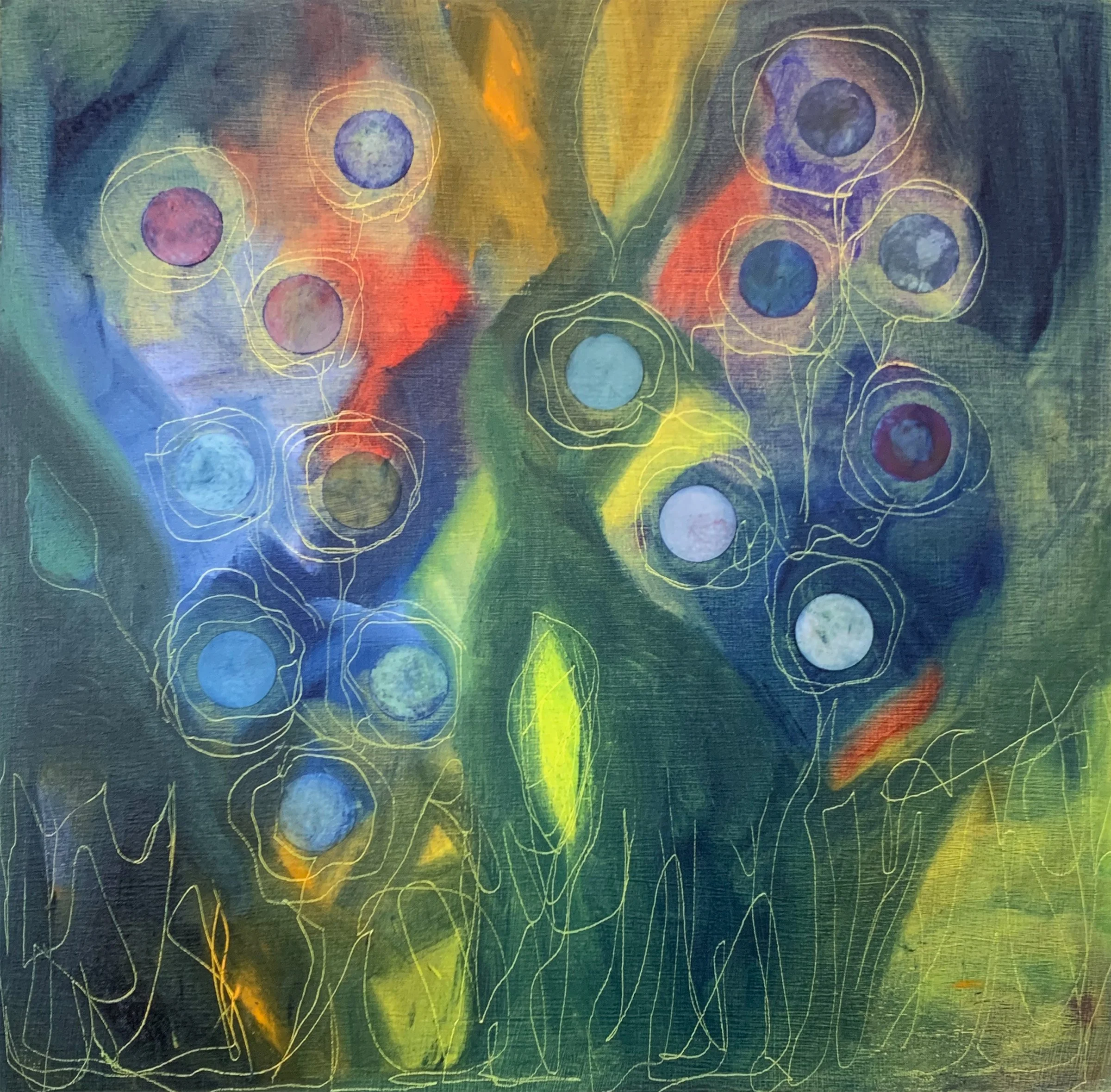 "Welcome  to My Garden",
oil and acetate on cradled panel, 16" x 16"