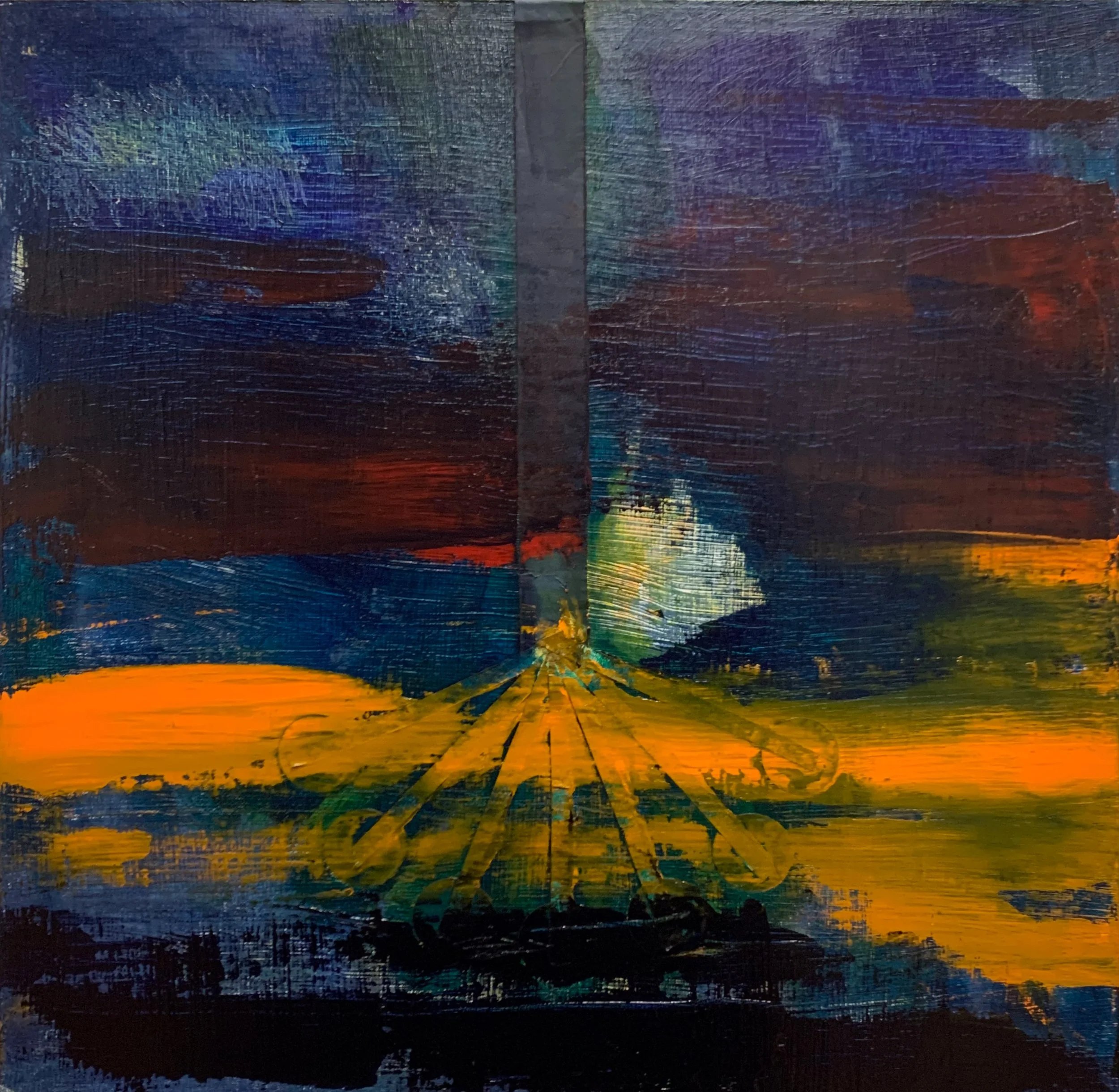 "When Paths Converge", oil, acetate, painter's tape on cradled panel, 16" x 16"