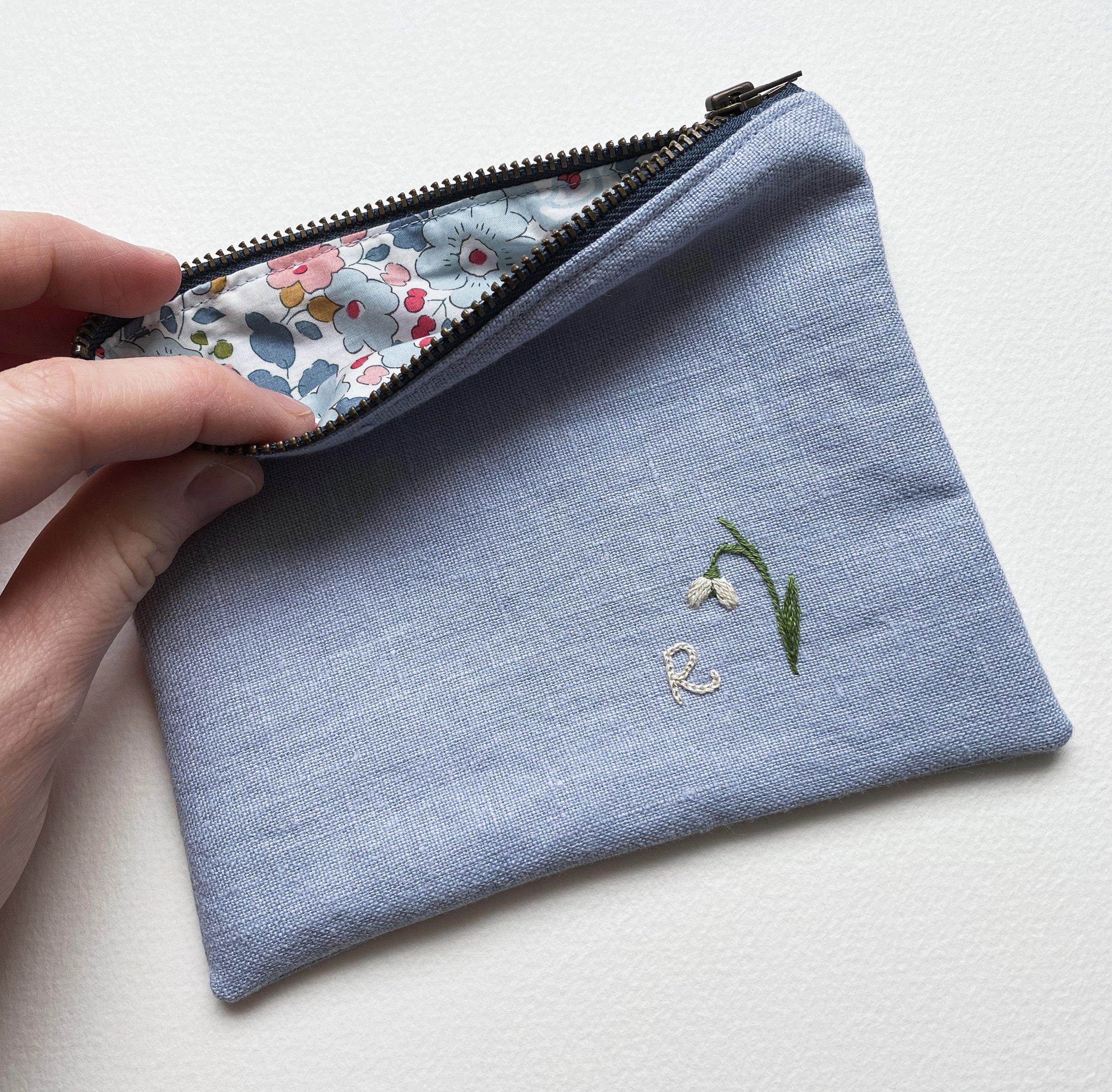 Hand Embroidered Snowdrop Pouch (Small)