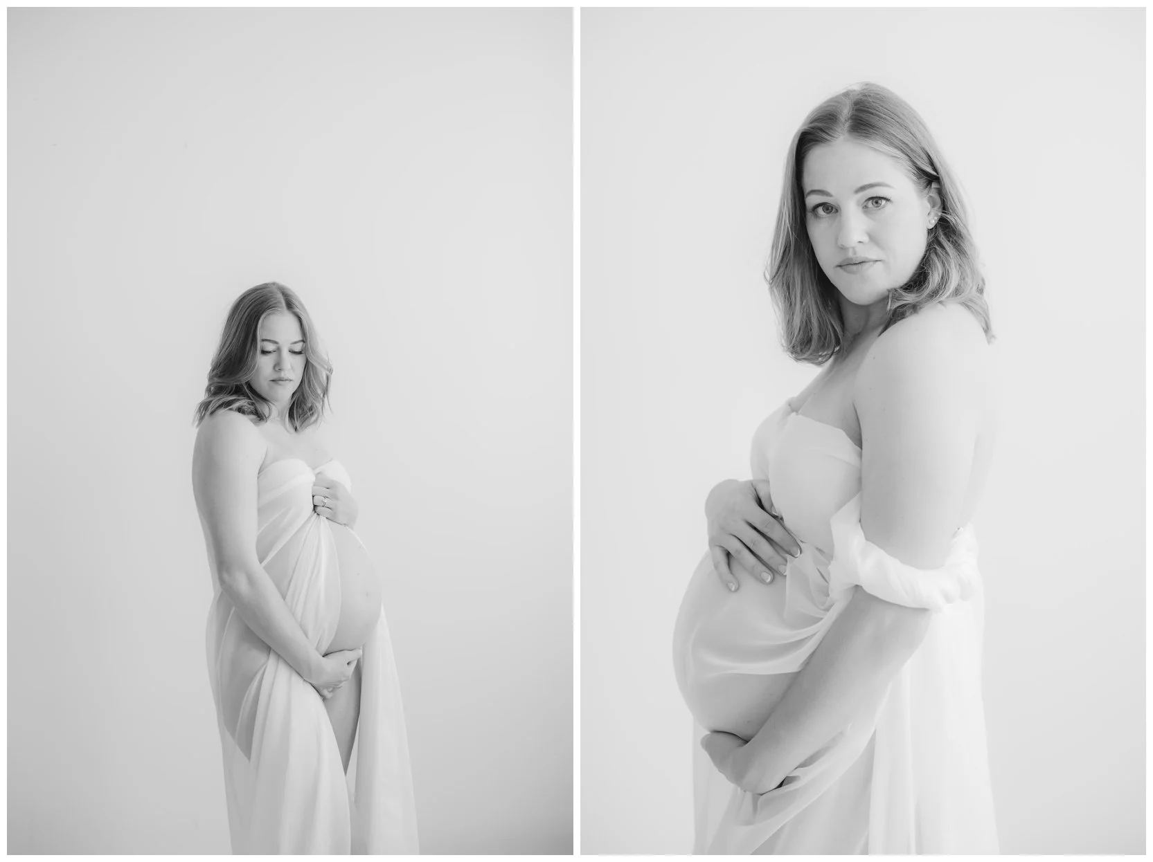 Pregnant woman wearing flowing fabric for an artistic studio maternity portrait in Cleveland, Ohio
