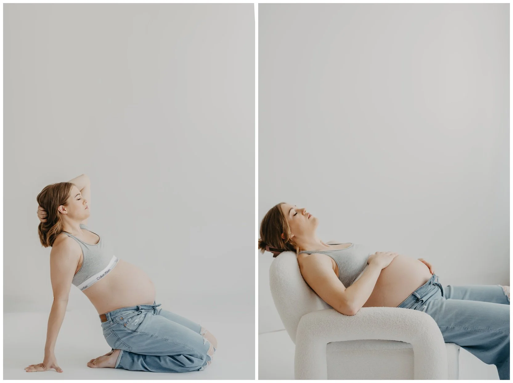 Expectant mother posing in a minimalist Cleveland studio during a fine art maternity photography session