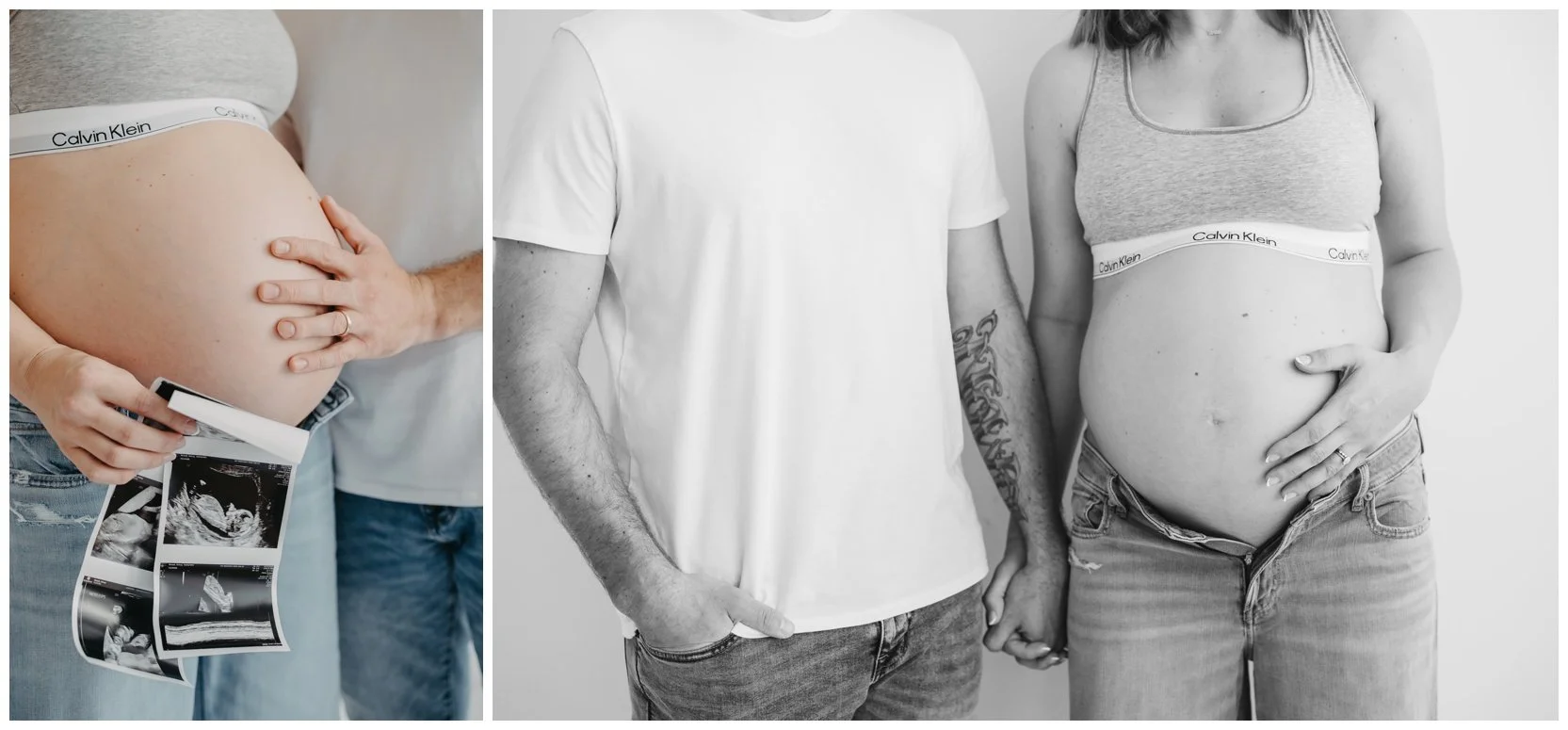 Expectant couple embracing during a modern studio maternity photography session in Cleveland