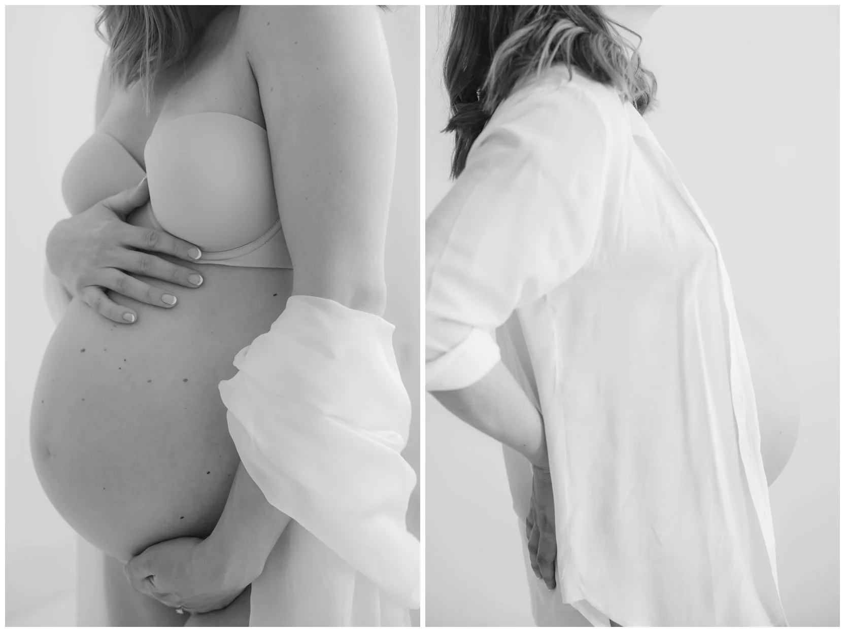 Expectant mother posing in a minimalist Cleveland studio during a fine art maternity photography session