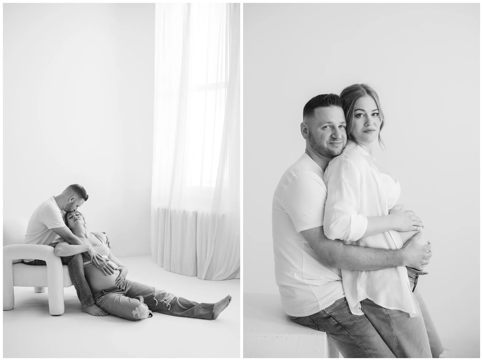 Black-and-white maternity portrait of an expectant mother holding her belly in a Cleveland photography studio