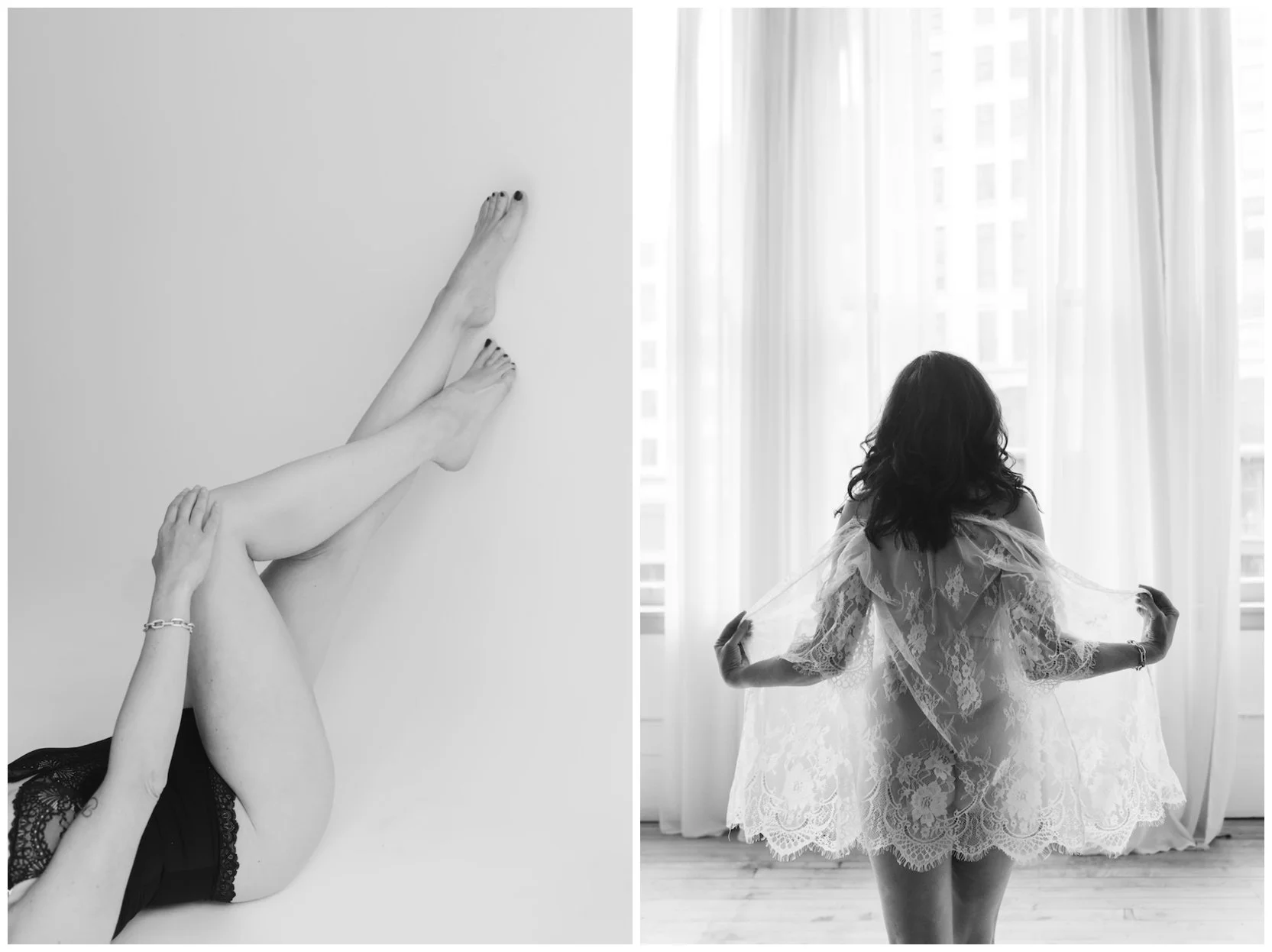 Mature boudoir photography session with silk robe in natural light