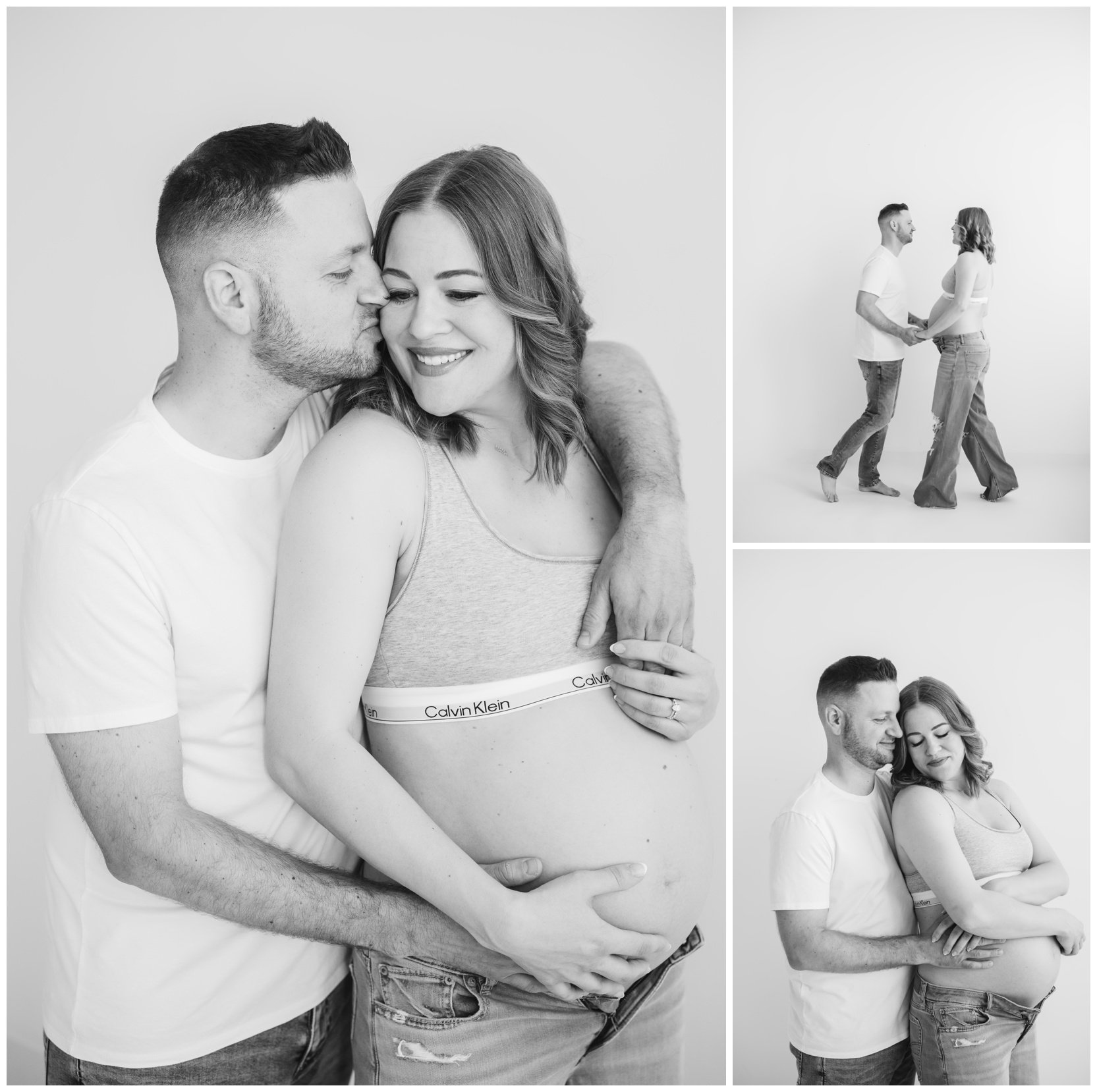 Black-and-white maternity portrait of an expectant mother holding her belly in a Cleveland photography studio