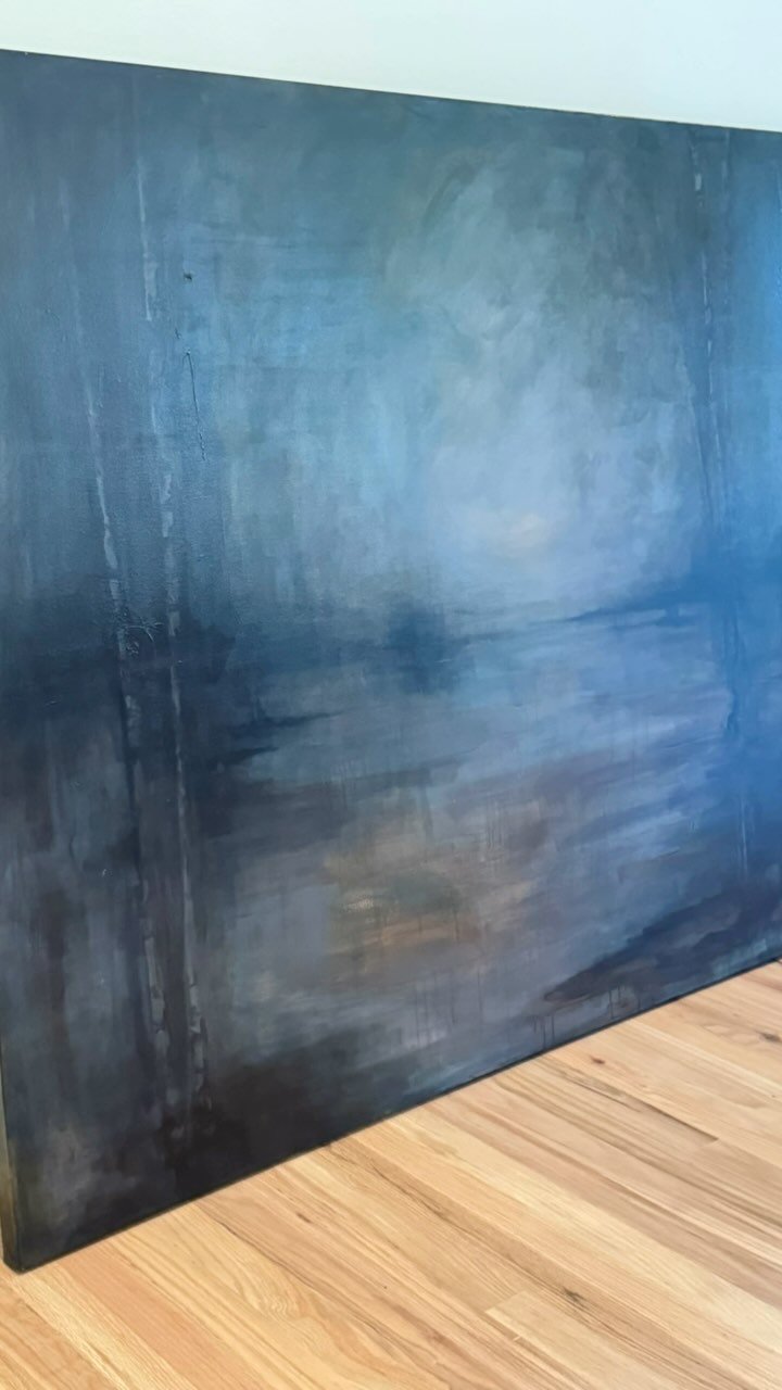 “Birch Trees on the Lake” 48x60” acrylic on gallery wrapped canvas… can you see the birch trees among the mist?
The designer wanted this one to be dark and moody. It’s hard to photograph all the color variations in th
