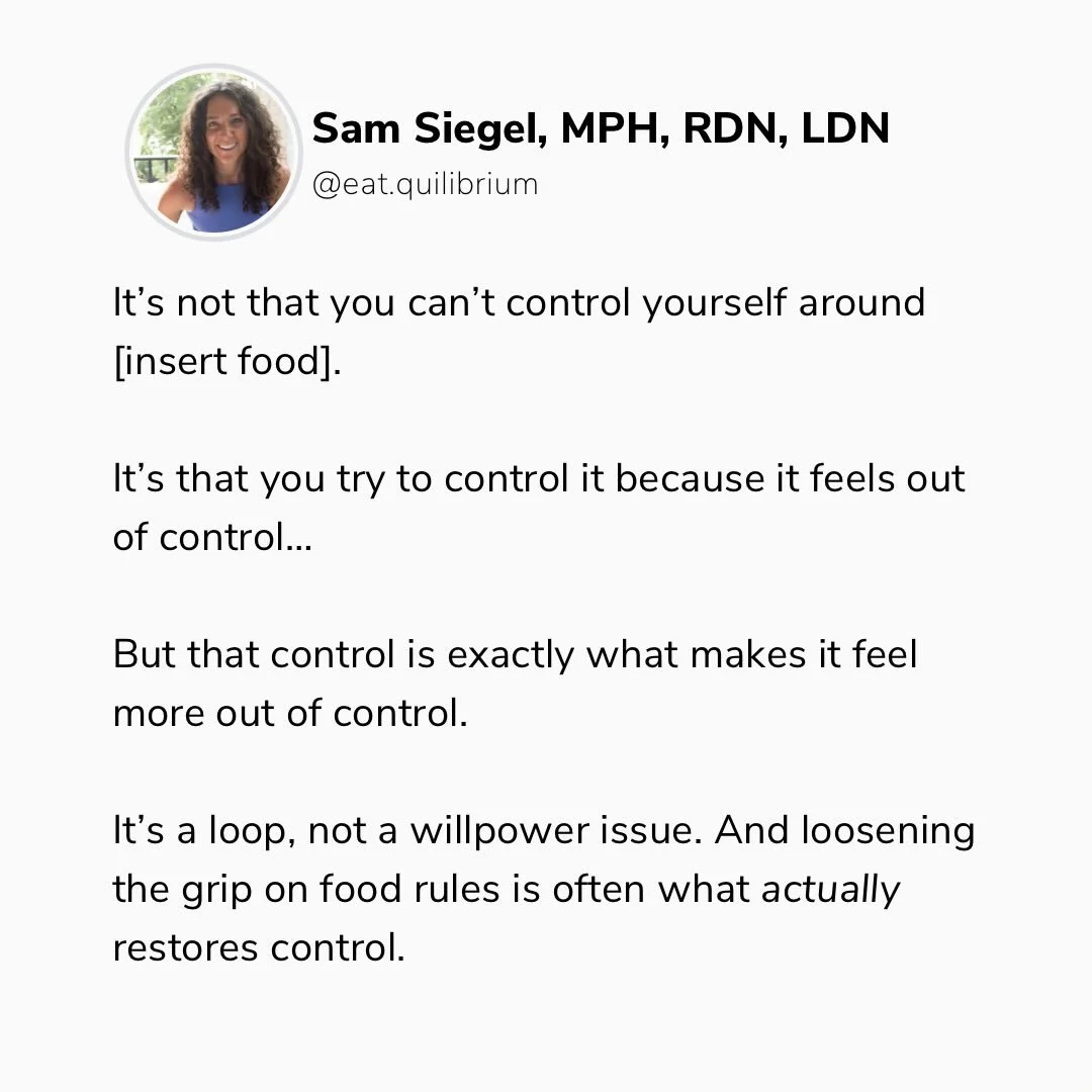 I know this feels really counterintuitive, but most of the progress I see happens when clients finally allow [insert food] instead of trying to avoid it completely. 

That&rsquo;s usually when those foods stop feeling like they derail the day, and ju