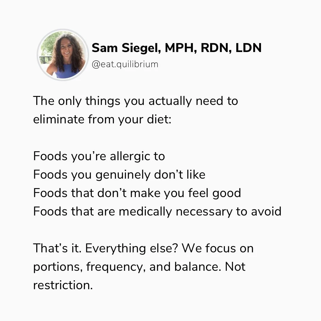 So much nutrition confusion comes from over-restricting what doesn&rsquo;t actually need to be restricted in the first place. 

When you zoom out, the list of what truly needs to be eliminated is pretty small. Everything else comes down to balance an