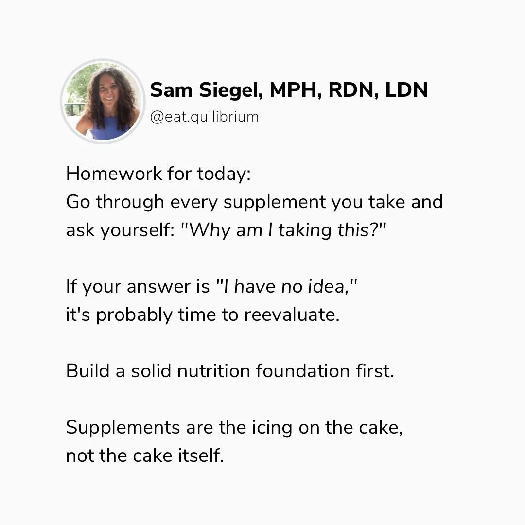 Most people are taking supplements they couldn&rsquo;t explain if you asked them why.

Before spending money on another powder, pill, or gummy, ask yourself:

Am I consistently eating enough?
Getting protein at most meals?
Eating fruits and vegetable
