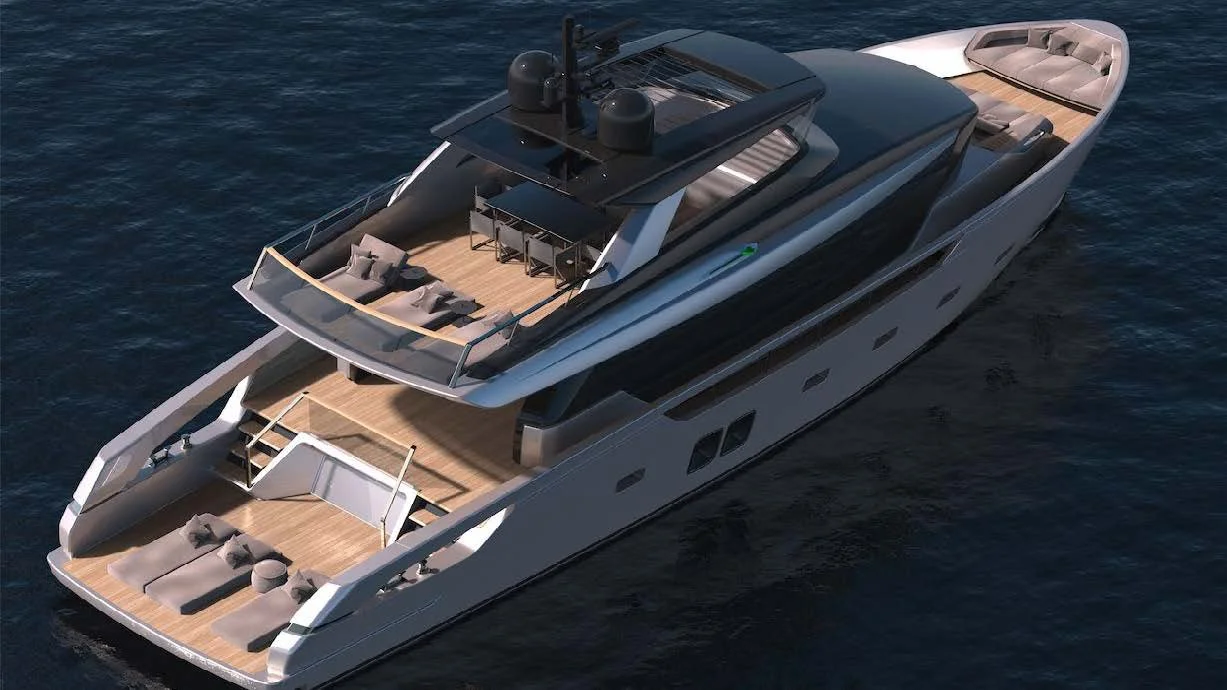 Global Wealth office features a luxury yacht sailing on dark blue water with multiple outdoor lounging areas, a covered roof deck with seating, and sleek modern design.