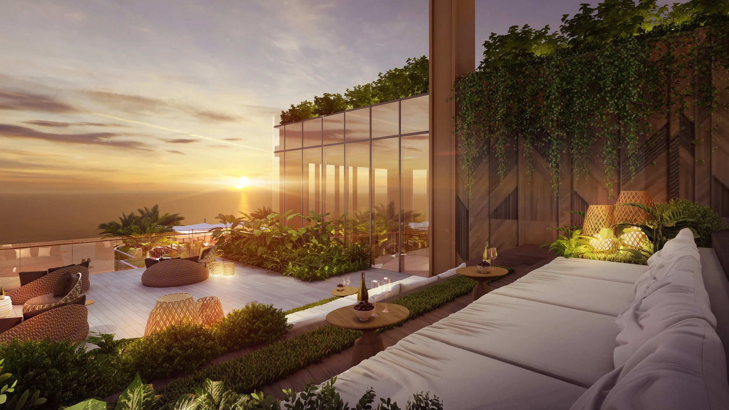 Luxurious rooftop terrace at sunset with elegant seating, lush greenery, and panoramic ocean views — Global Wealth Office showcasing elevated outdoor living and refined coastal design.