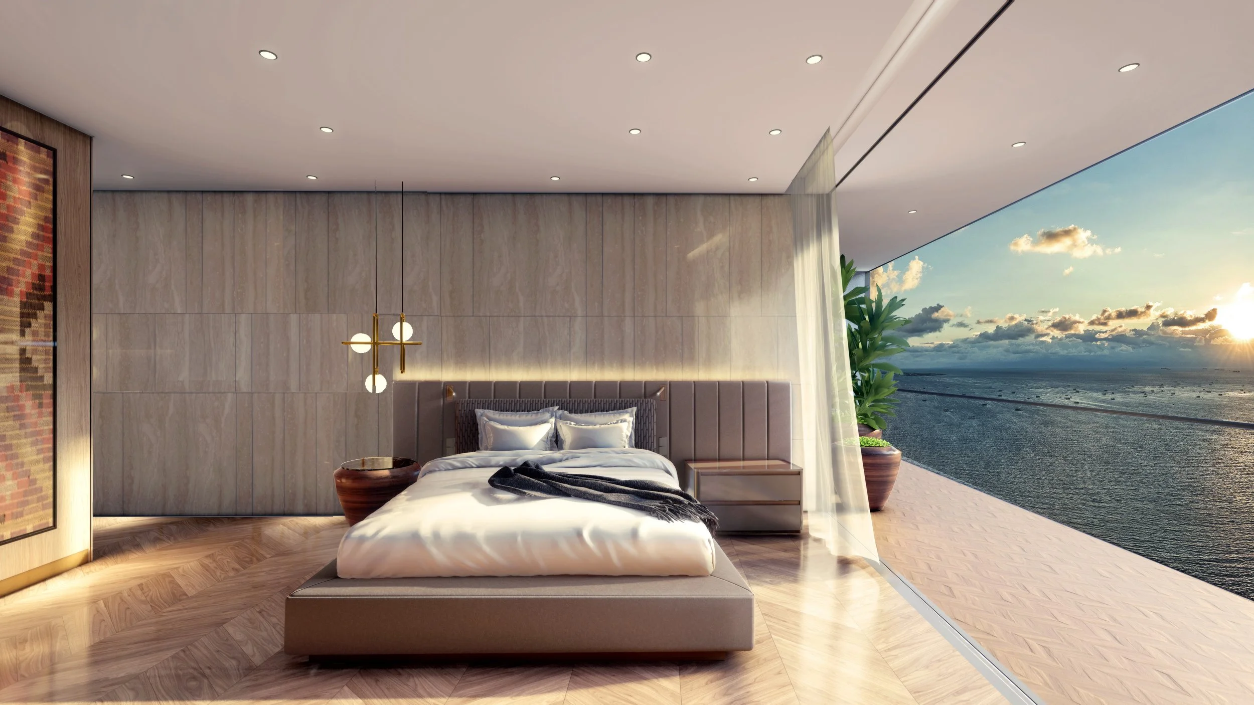 Modern bedroom with large bed, pendant lighting, and glass wall framing a sunset over the ocean with clouds — Global Wealth Interiors showcasing serene coastal elegance and contemporary luxury design.