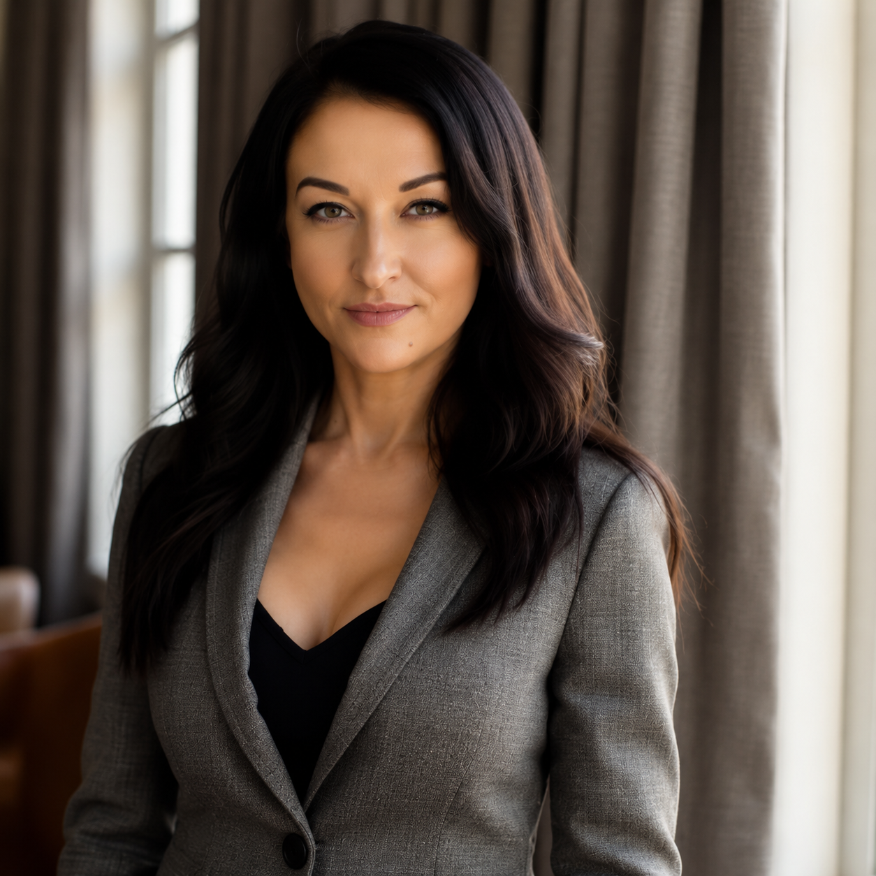 A portrait of a woman with long dark hair wearing a grey blazer, standing indoors near curtains.