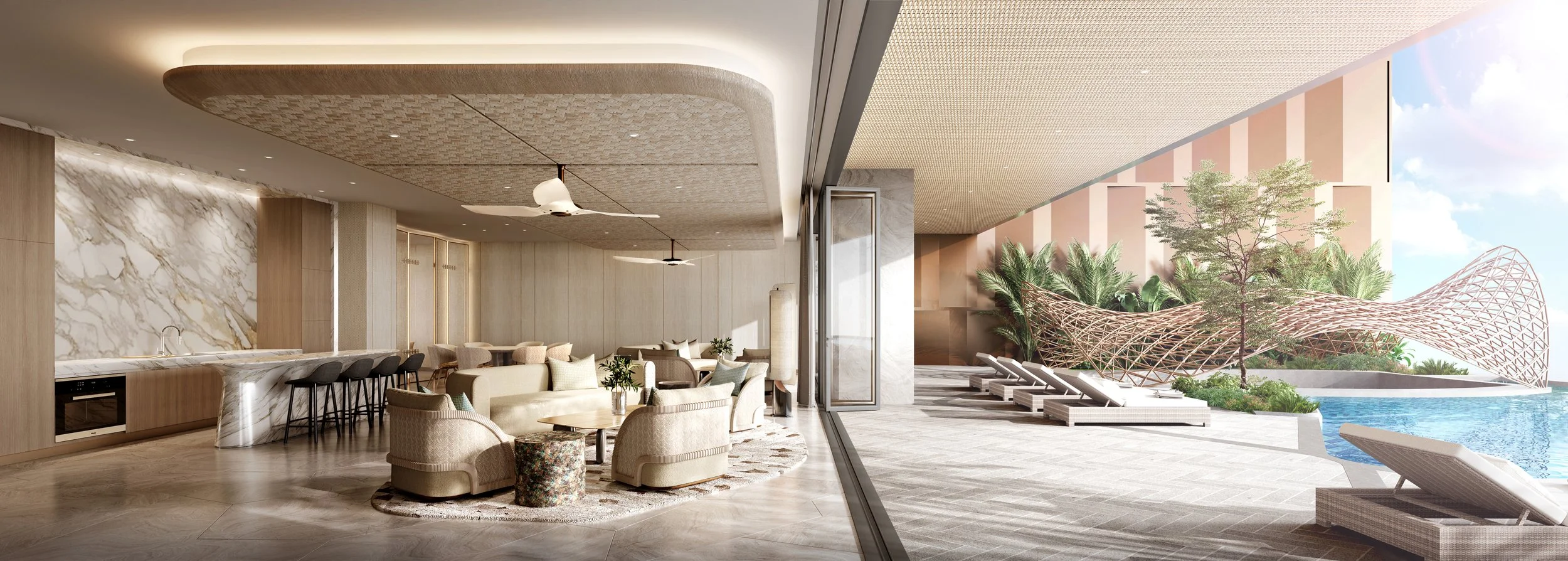 Modern indoor lounge with beige sofas, chairs, and coffee tables opening to an outdoor pool with sun loungers, surrounded by trees and contemporary architecture — Global Wealth Interiors showcasing seamless indoor-outdoor living and modern resort-sty