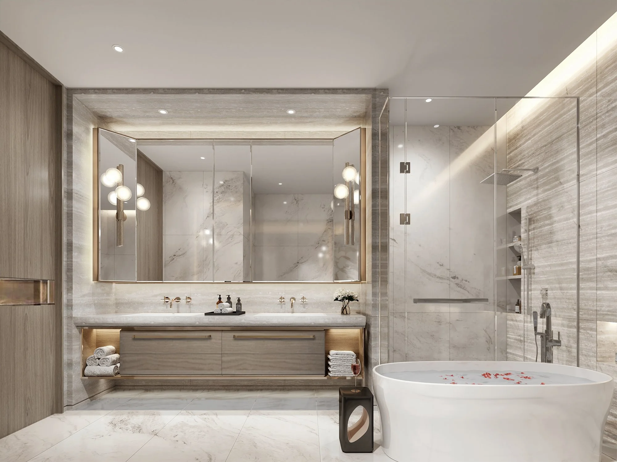 Luxurious modern bathroom with marble countertops, double sinks, wooden cabinetry, walk-in glass shower, and freestanding bathtub with rose petals — Global Wealth Interiors embodying spa-inspired tranquility and refined contemporary design.