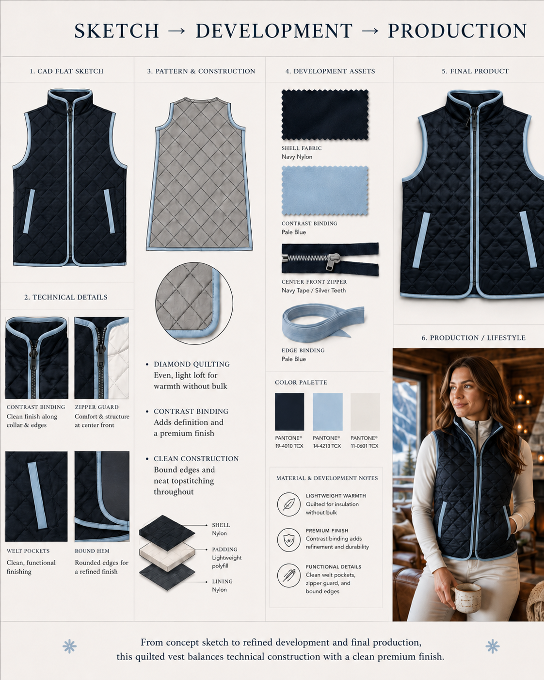 Apparel product development process showing original fashion sketches, technical CAD drawings, fabric and trim selections, garment samples, and the finished product.
