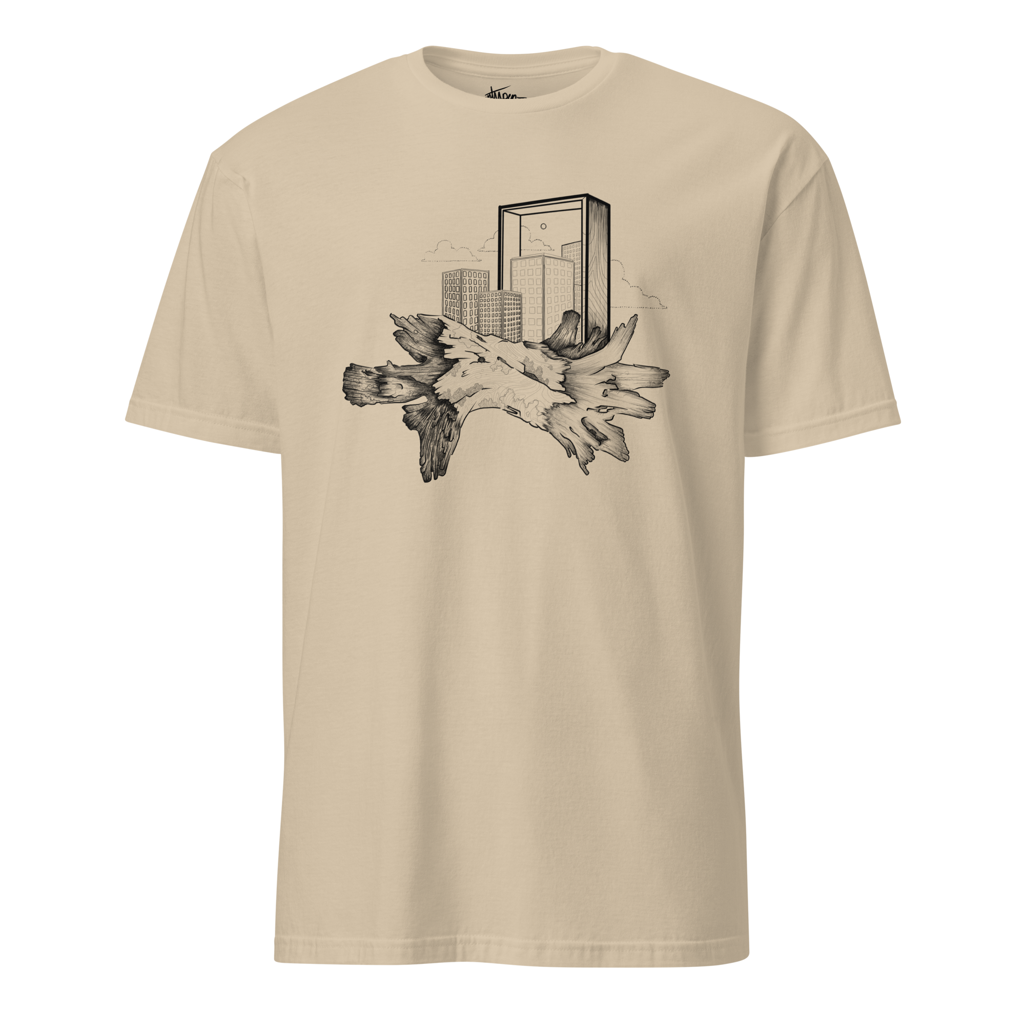 T-shirt with a black and white illustration of a tree branch, city buildings, and a window frame in a sketch style.