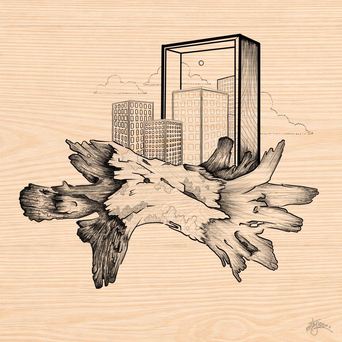 driftwood-city_001 driftwood city illustration by Roger "emptypenz" Lealamanua featuring driftwood forms supporting a city skyline