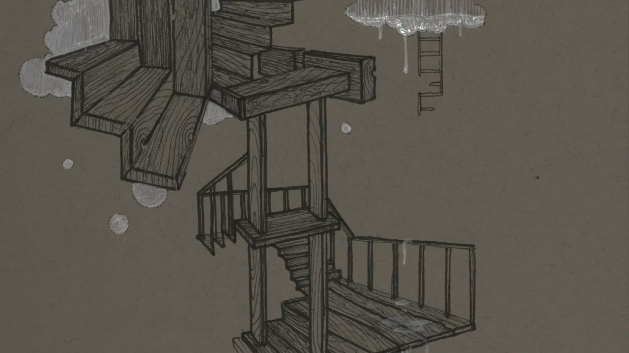 Art section background of impossible geometric staircase ink drawing on recycled paper by emptypenz.