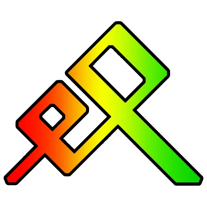 Colorful geometric logo with abstract shapes in red, yellow, and green on black background.