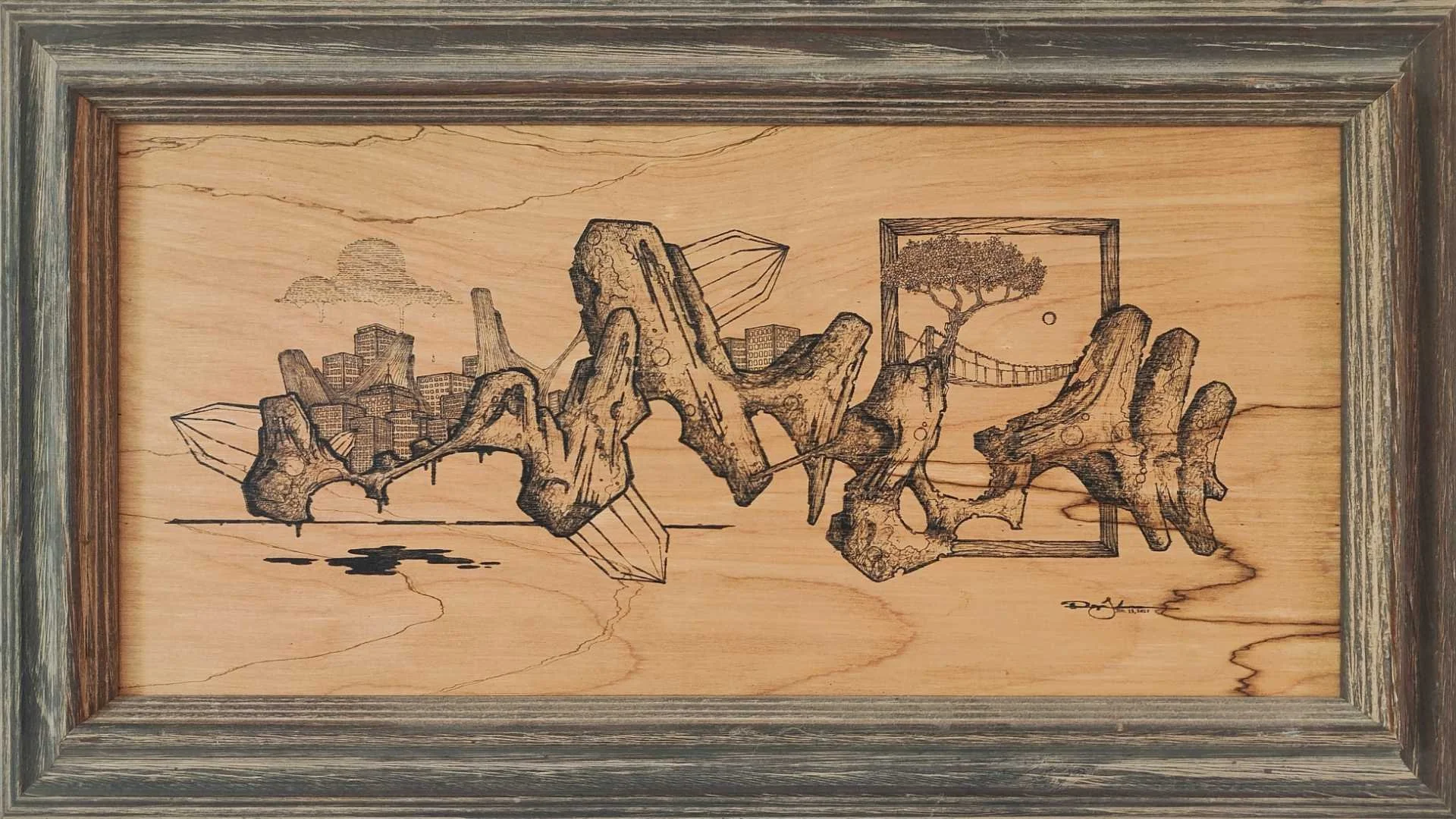 Framed wood print of a surreal ink drawing with abstract rock formations and crystal elements by Roger “emptypenz” Lealamanua.