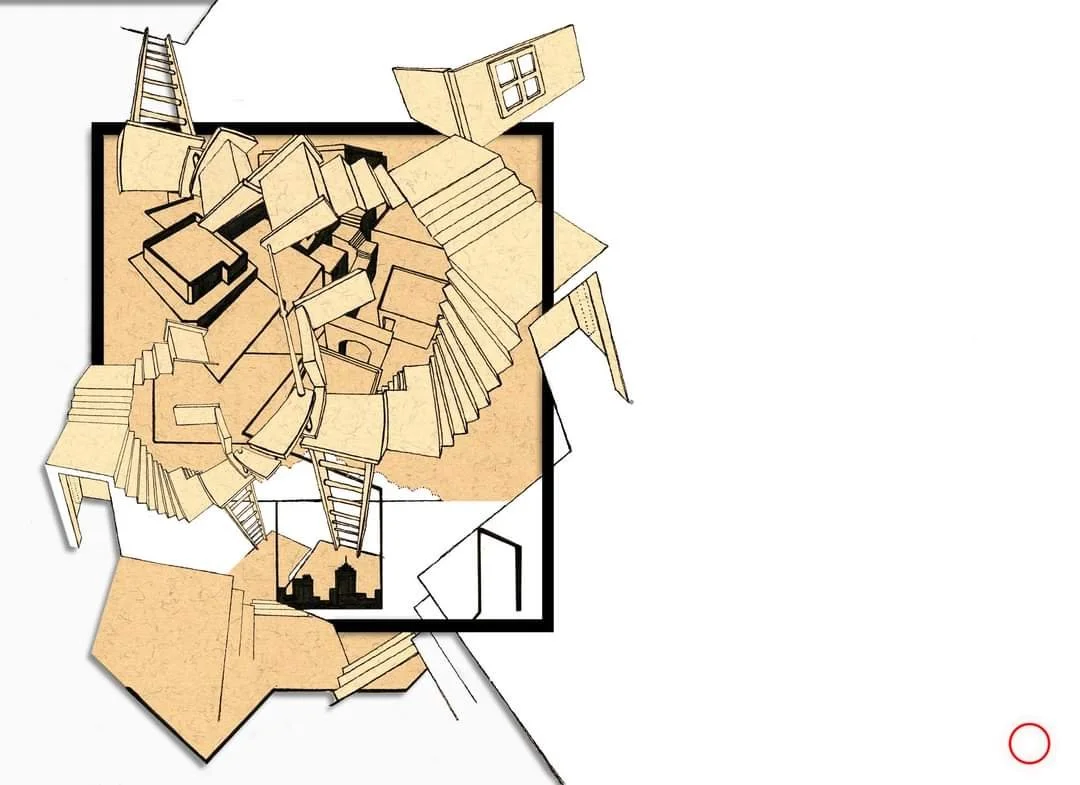 Muted pen and ink architectural illustration background in footer.