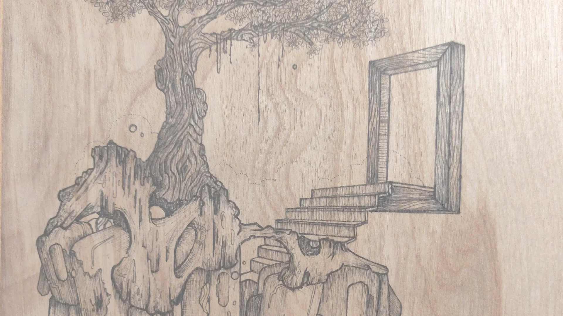 Shop section background, surreal ink on wood drawing by emptypenz.